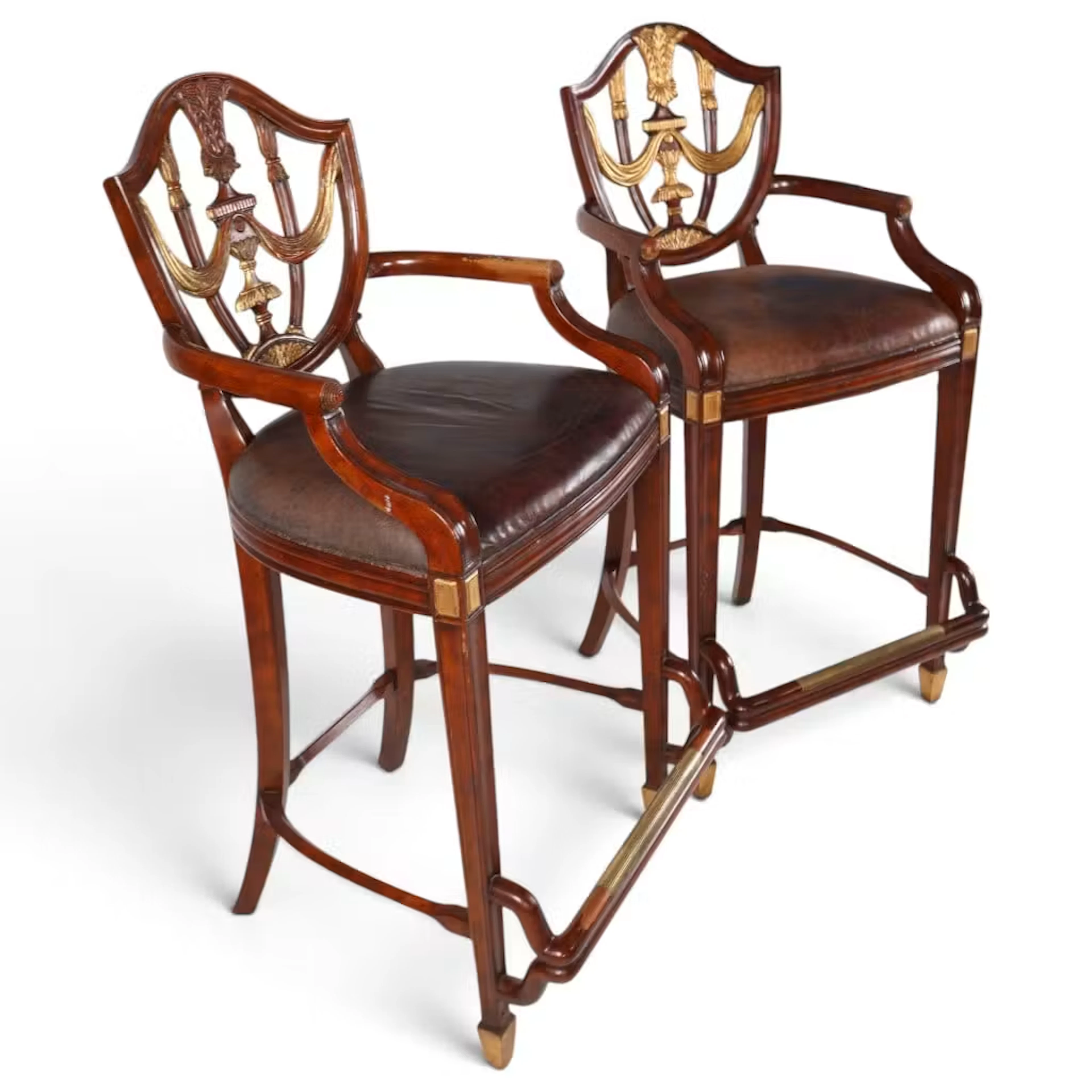 Lot 30: Pair Parcel-Gilt Shield-Back Bar Stools