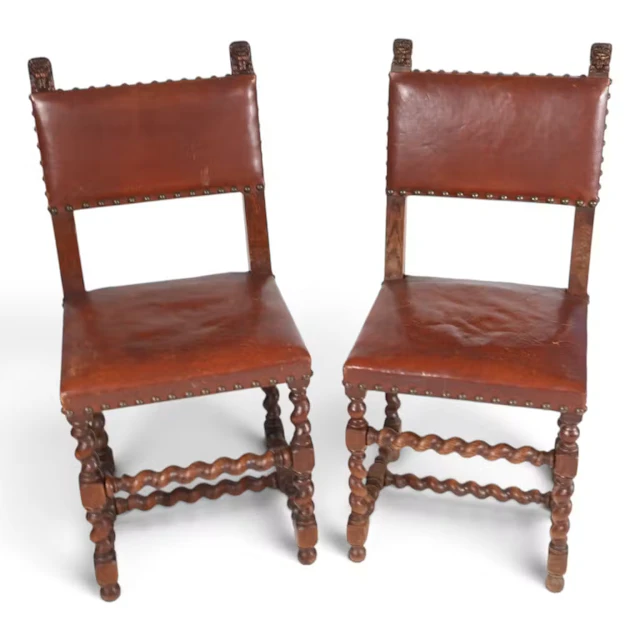 Lot 105: Pair Barley Twist Leather Chairs