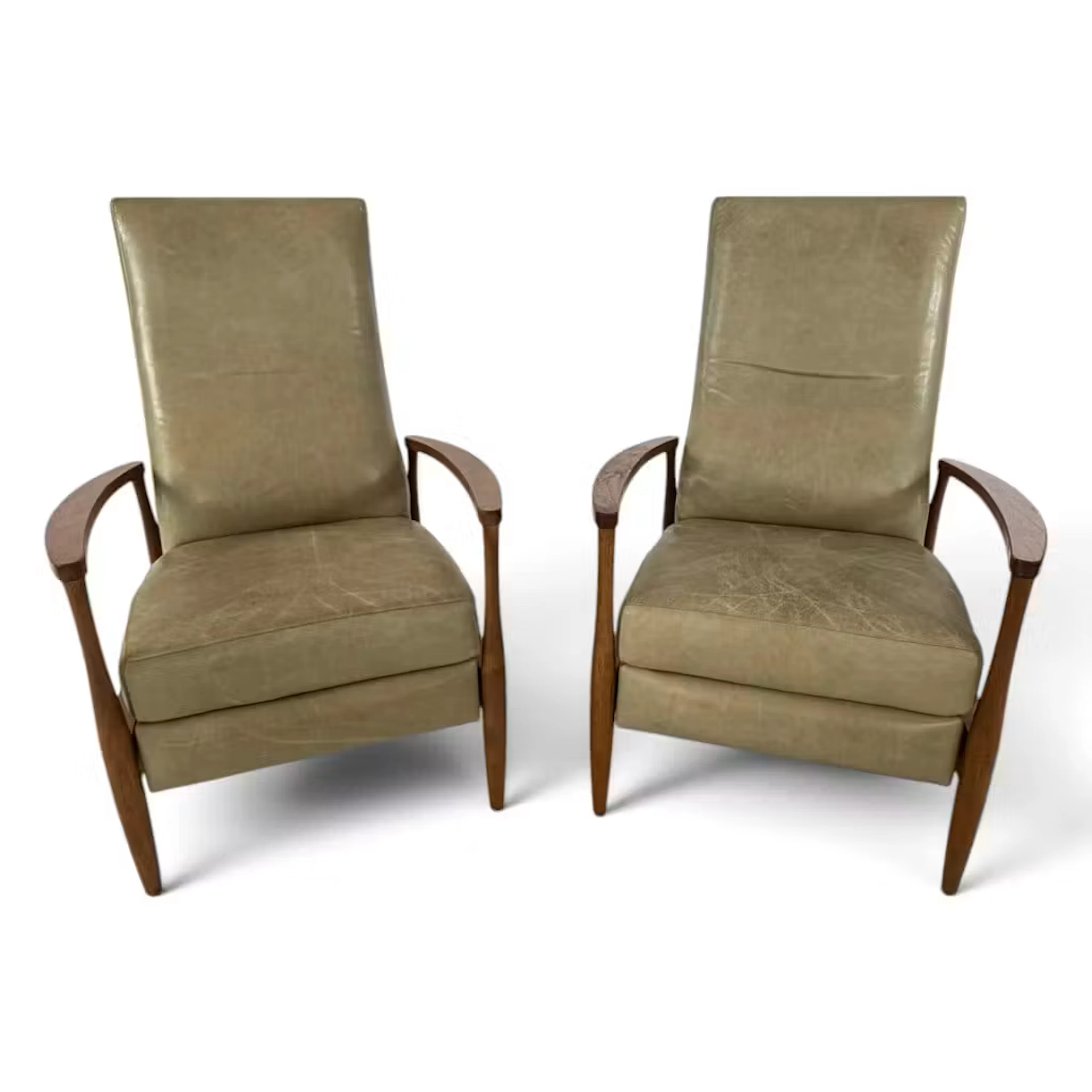 Lot 169: Pair Green Leather Reclining Lounge Chairs