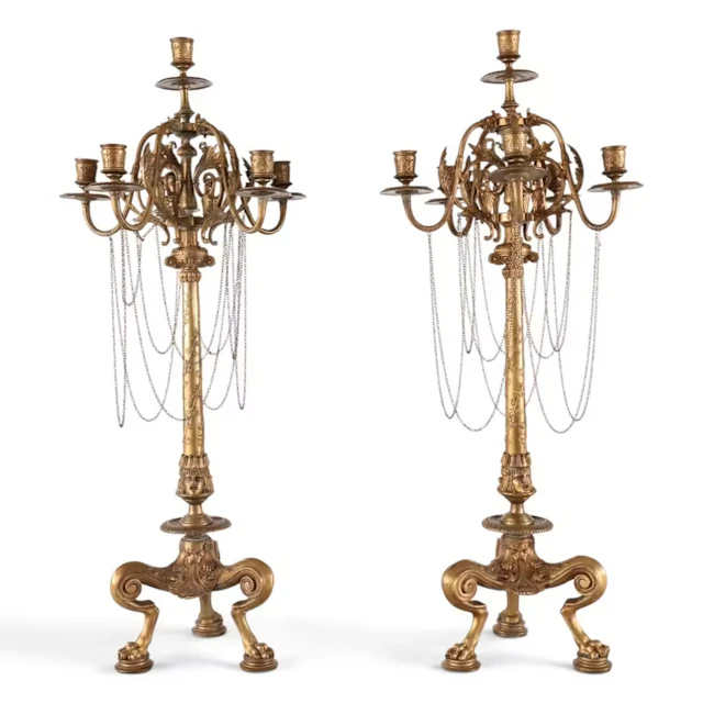 Lot 29: Pair Gilt-Bronze Paw-Foot Candelabra