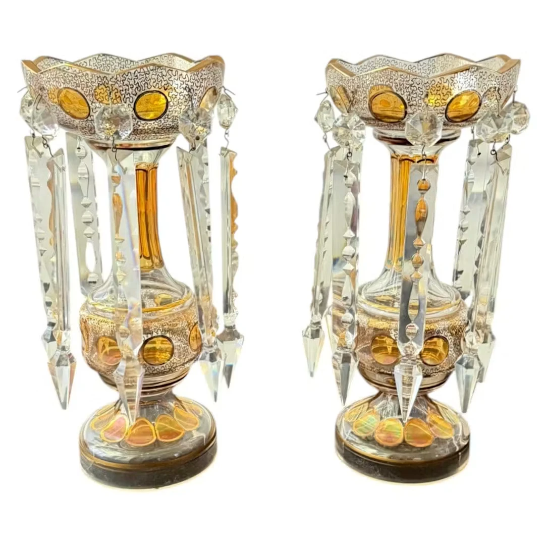 Lot 275A: Pair Bohemian Amber & Gilt Glass Lusters