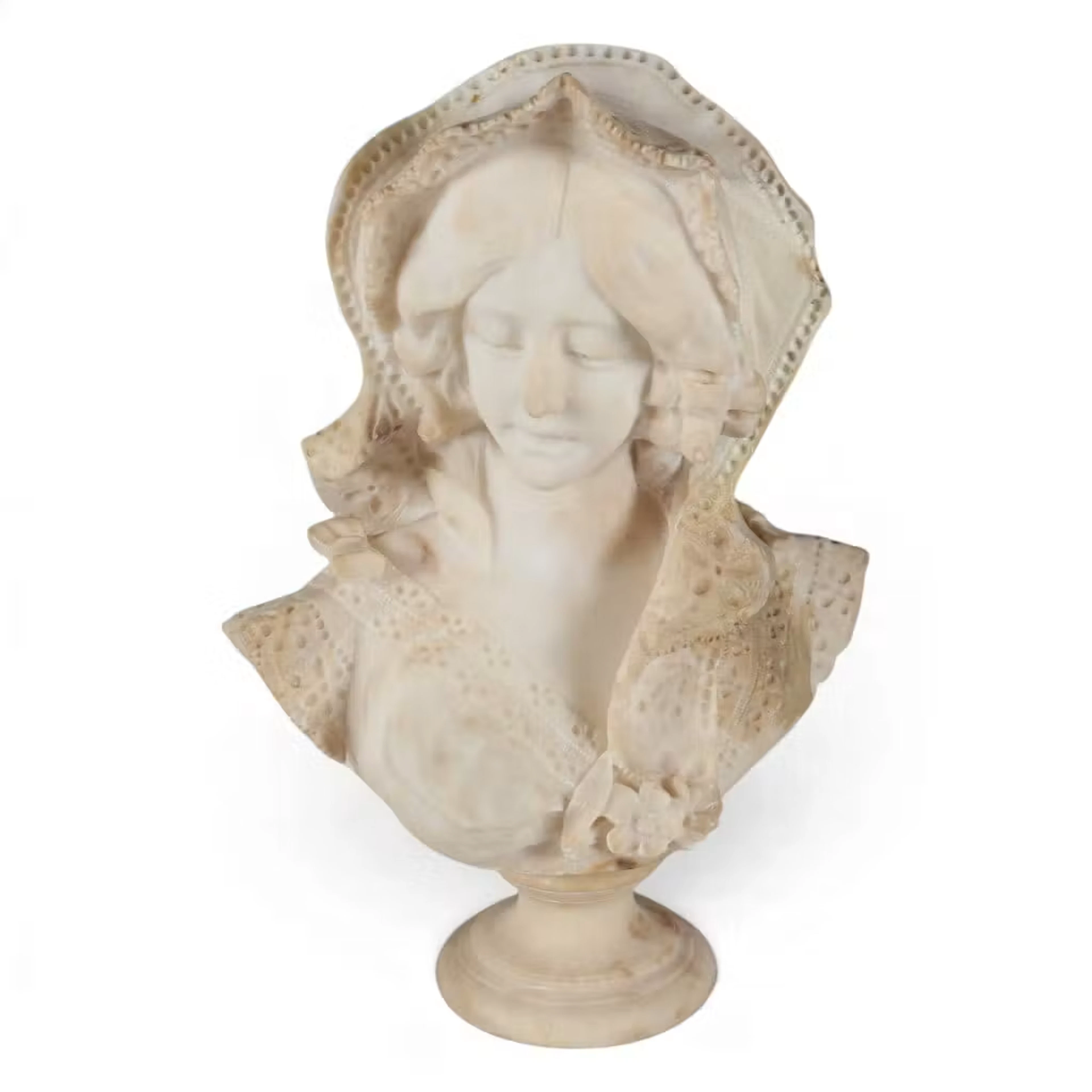 Lot 12: Carved Stone Bust of a Woman in Lace Bonnet