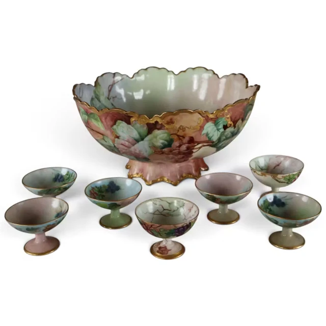 Lot 6: Limoges-Style Grape Punch Bowl and Six Cups