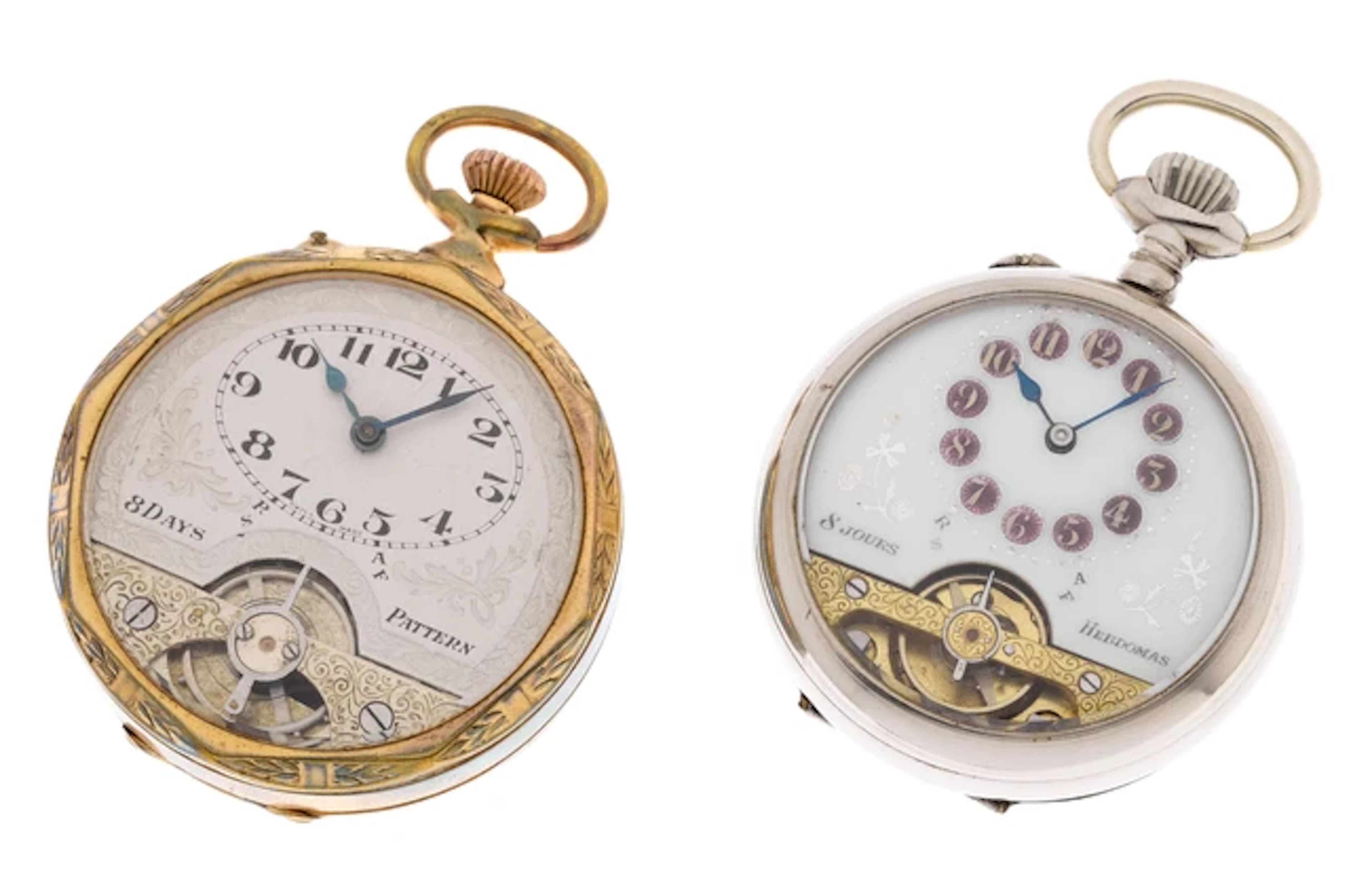 A pair of 8 day gilt metal open face pocket watches One...
