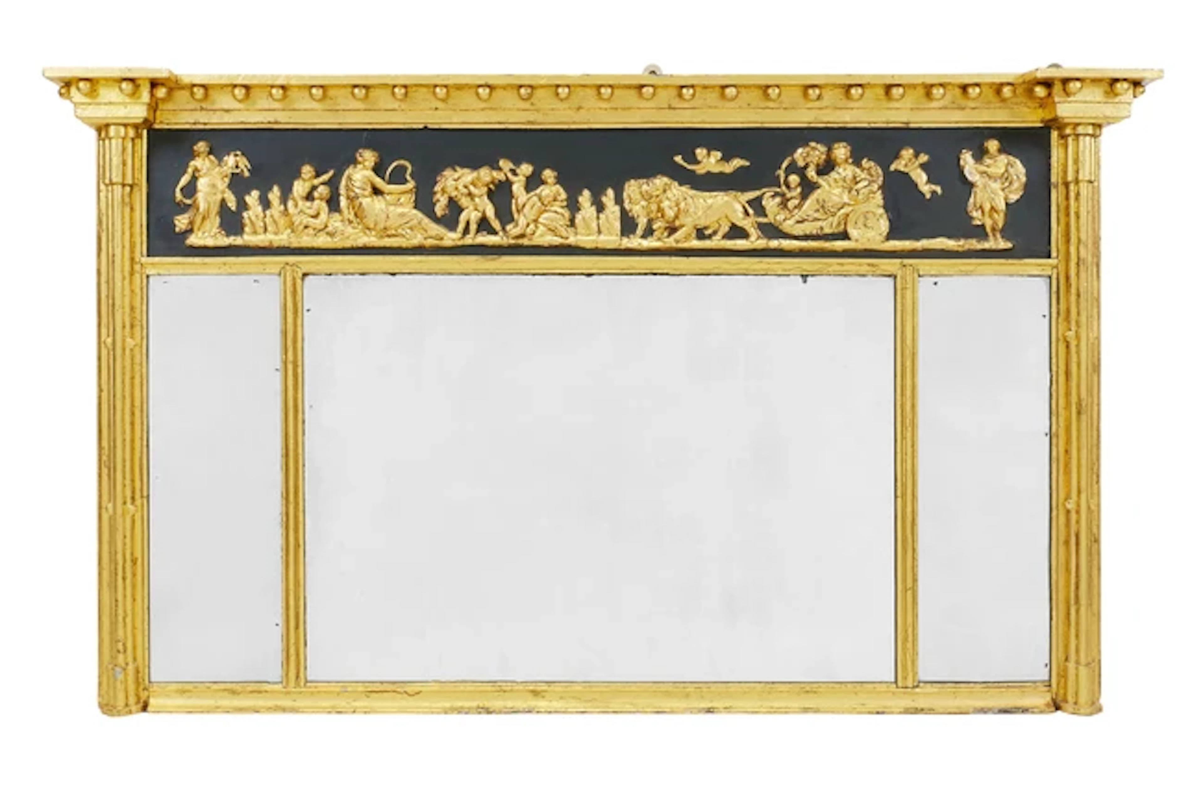 A Regency giltwood and gesso triple plate overmantel mirror