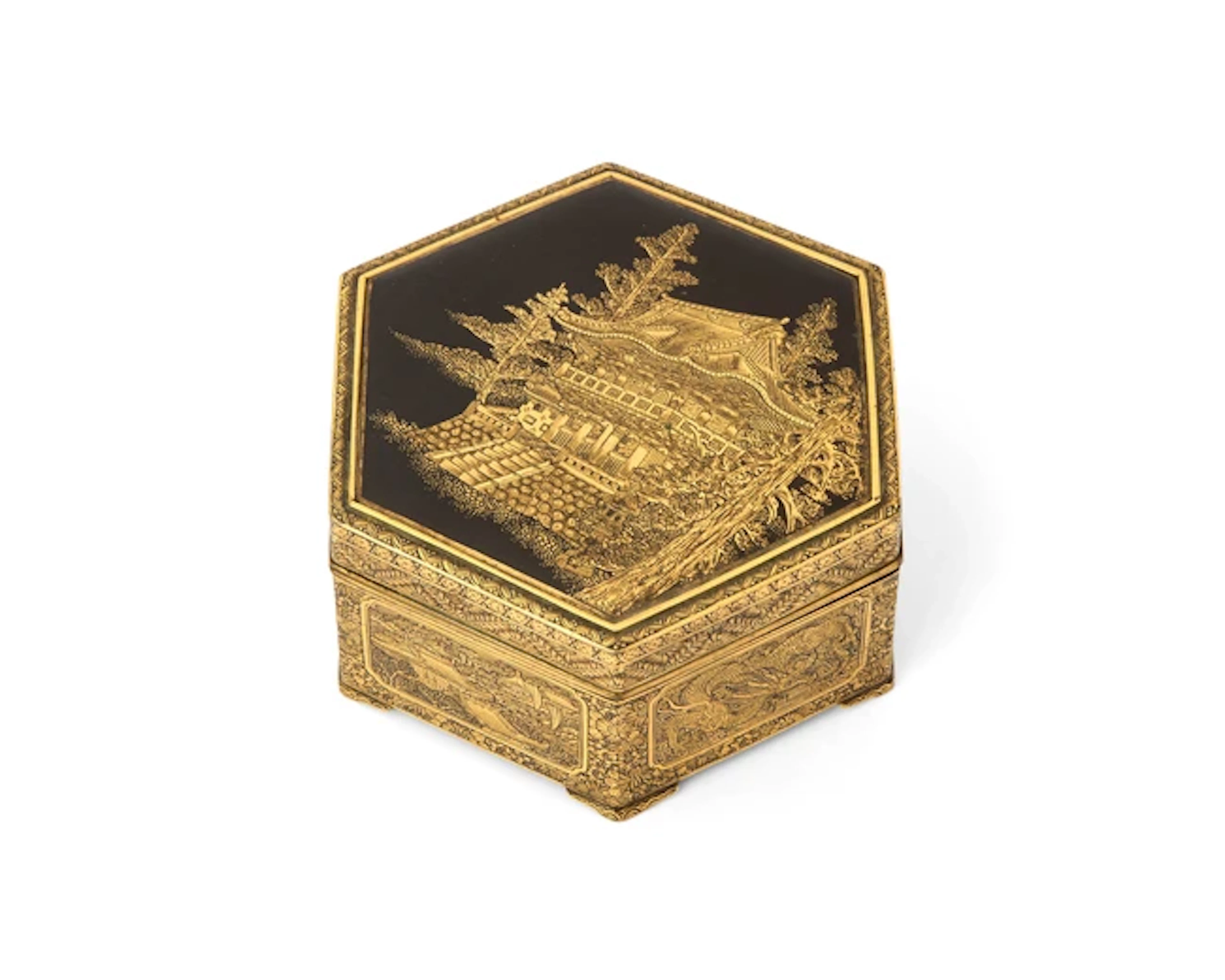 A Japanese Komai-style gilt and black iron hexagonal box...