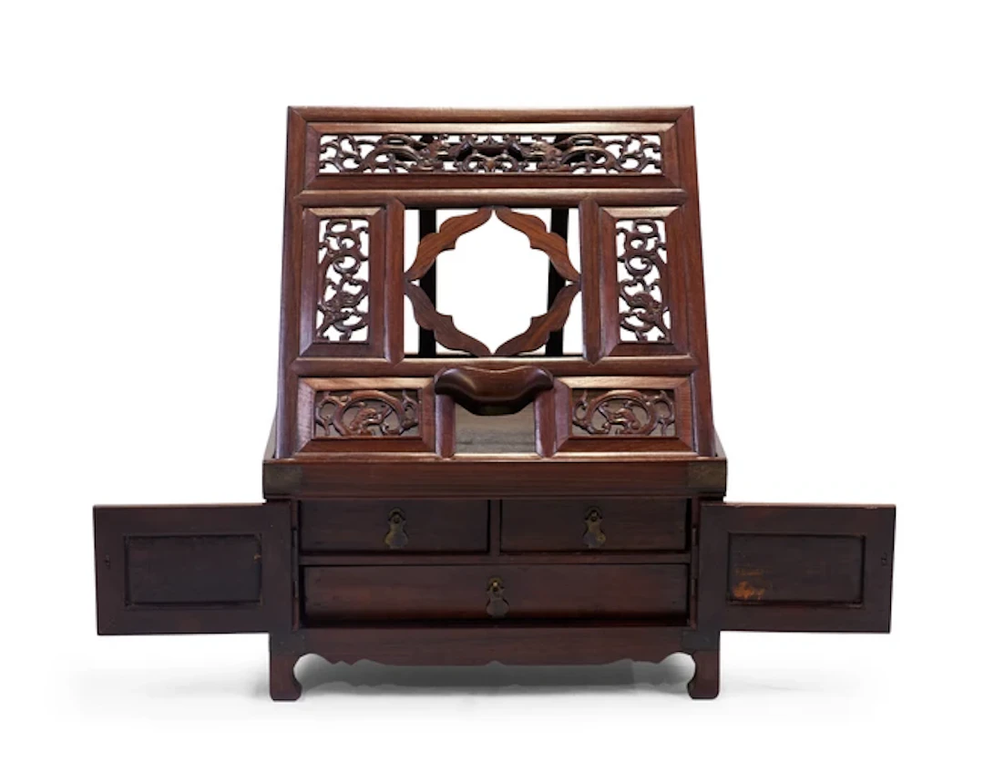 A Chinese huanghuali travelling mirror stand and jewellery chest Qing dynasty