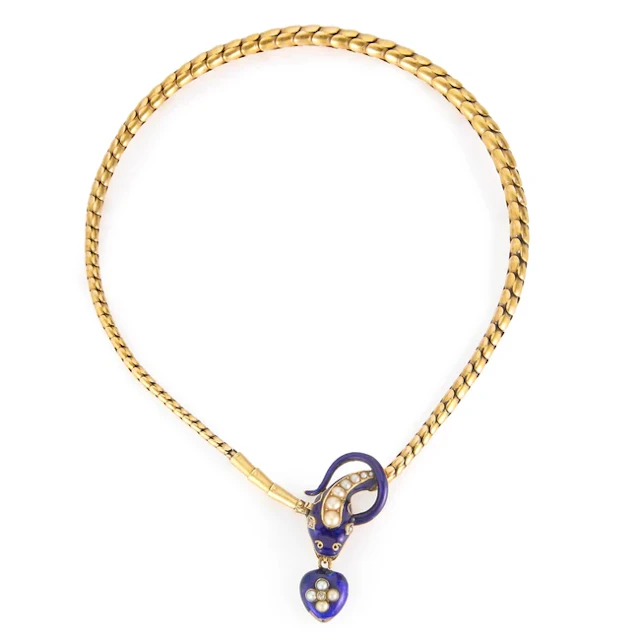 A Victorian gold enamel and pearl serpent necklace