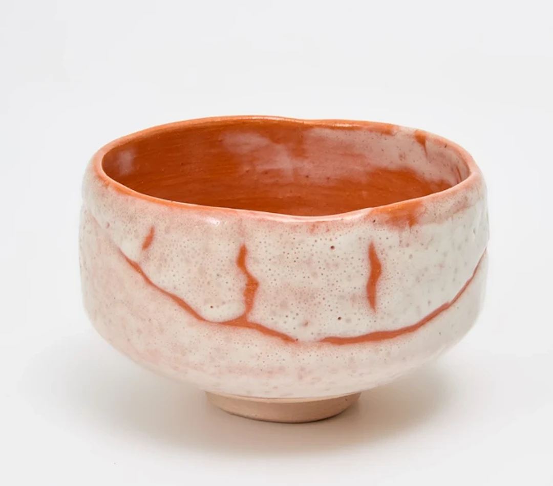 Japanese Chawan Stoneware with crackling orange and...