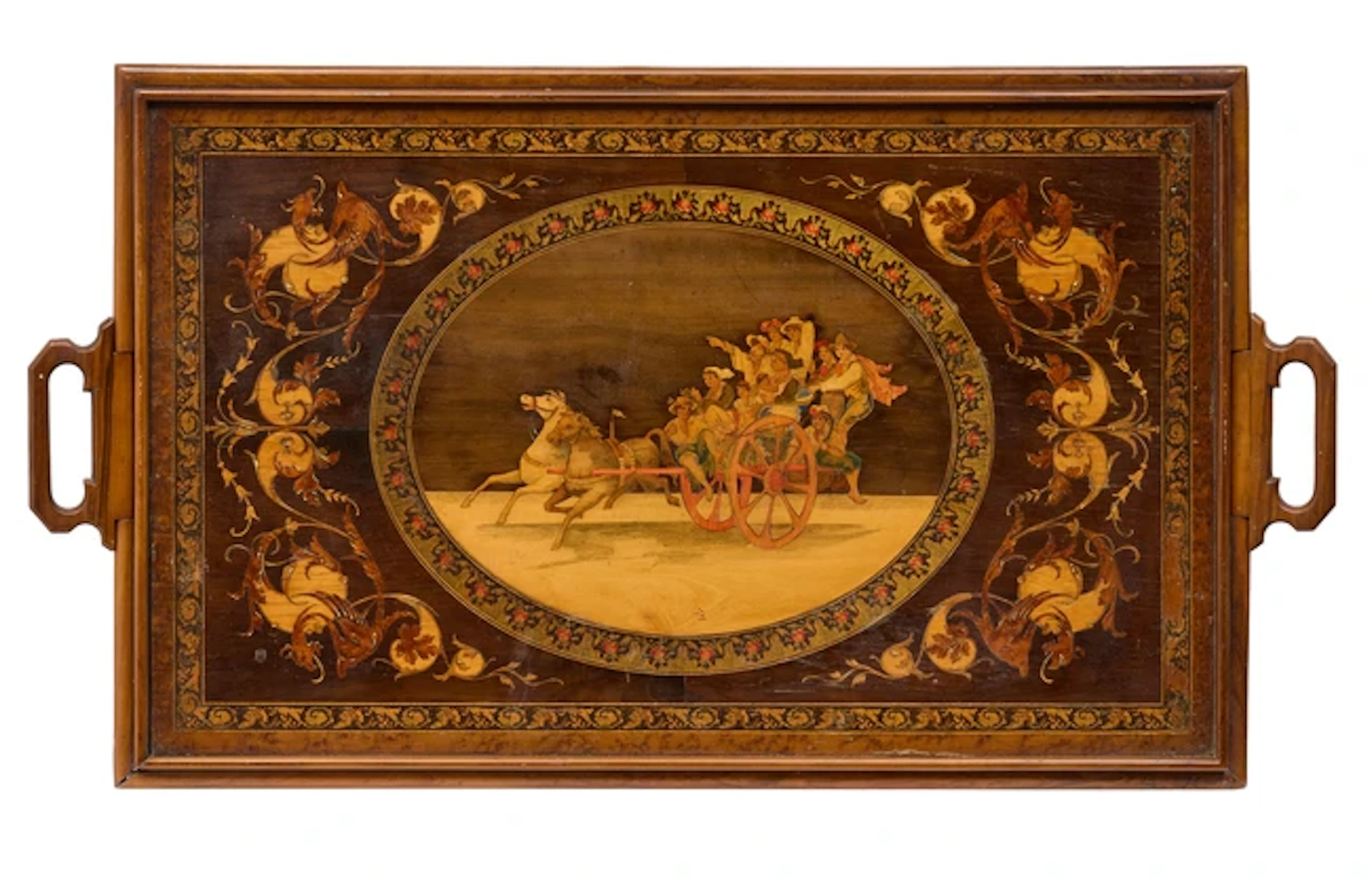 A Sorrento ware olivewood and marquetry double sided tray/chess board