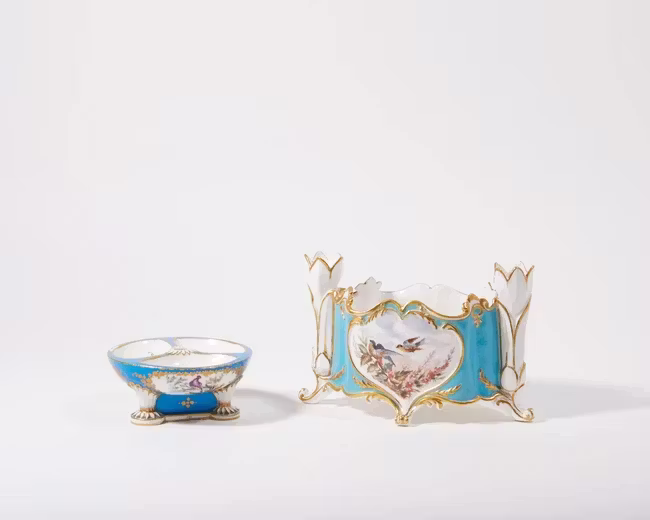 A Sèvres-style porcelain bleu-céleste triple-salt