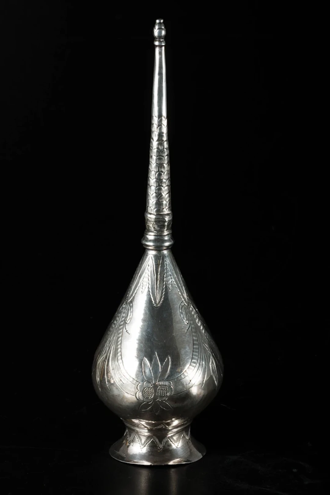 A silver rosewater sprinkler
