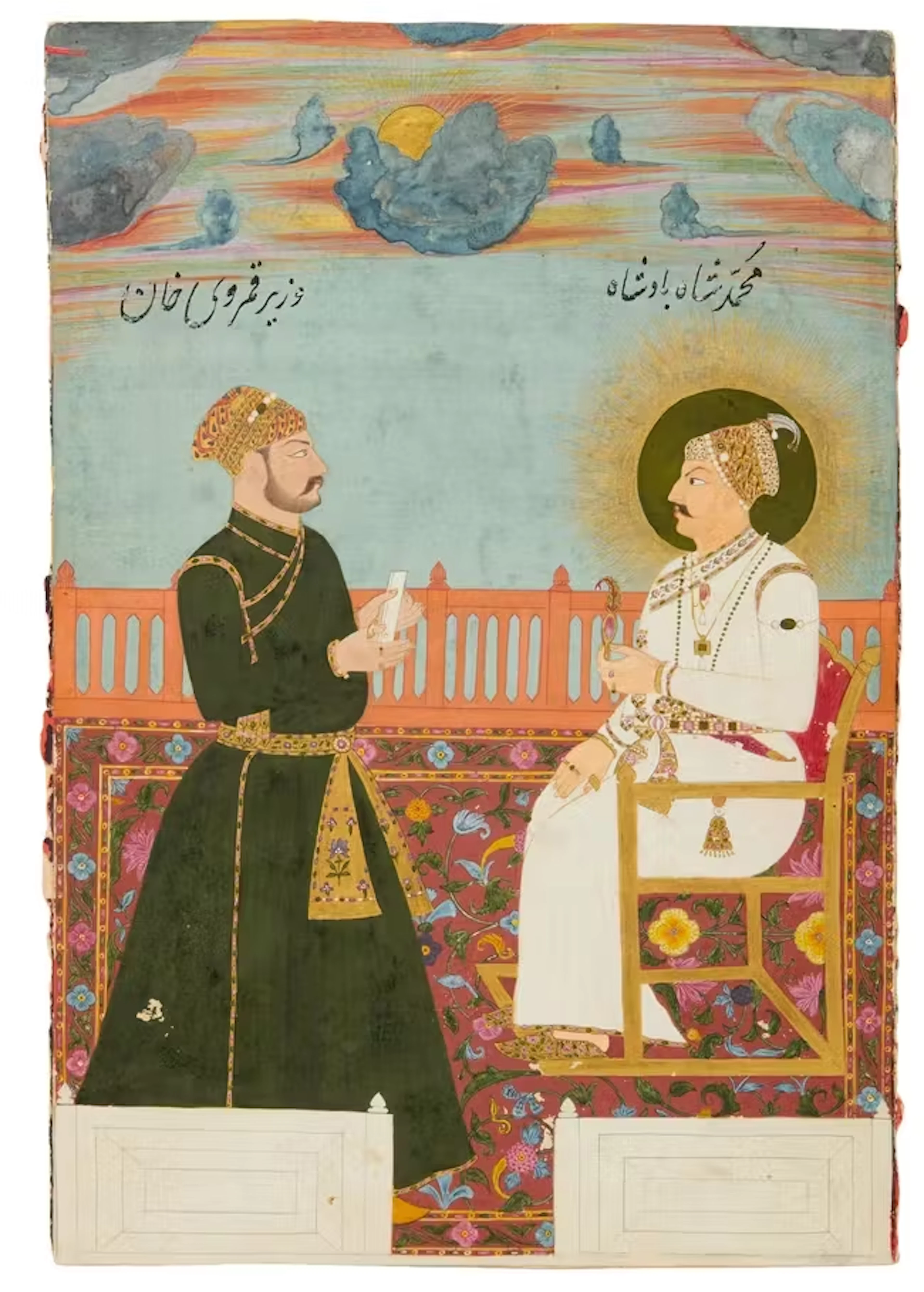 The Mughal emperor Muhammad Shah enthroned receiving his...