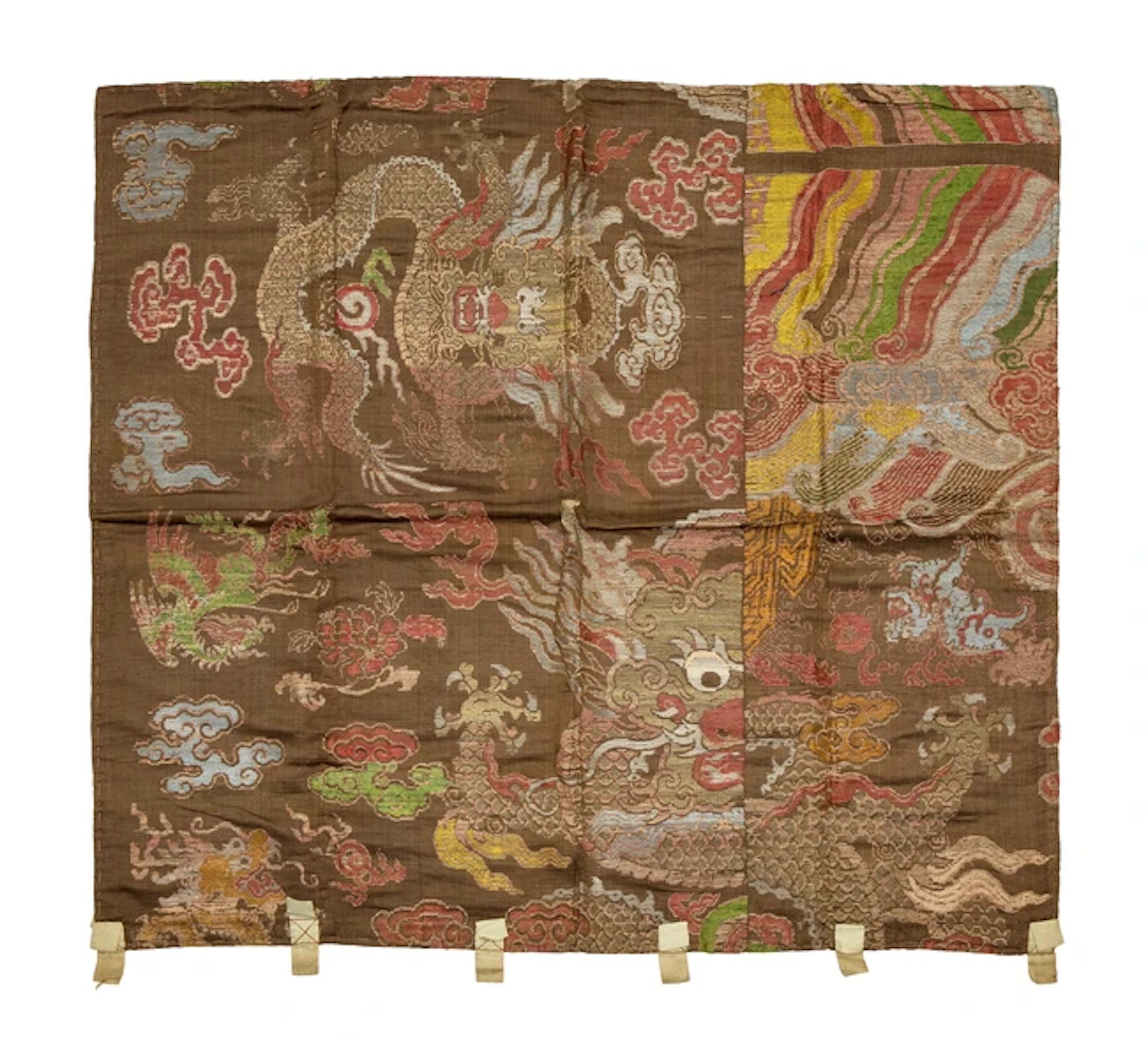 A Chinese brown silk 'dragon' brocade