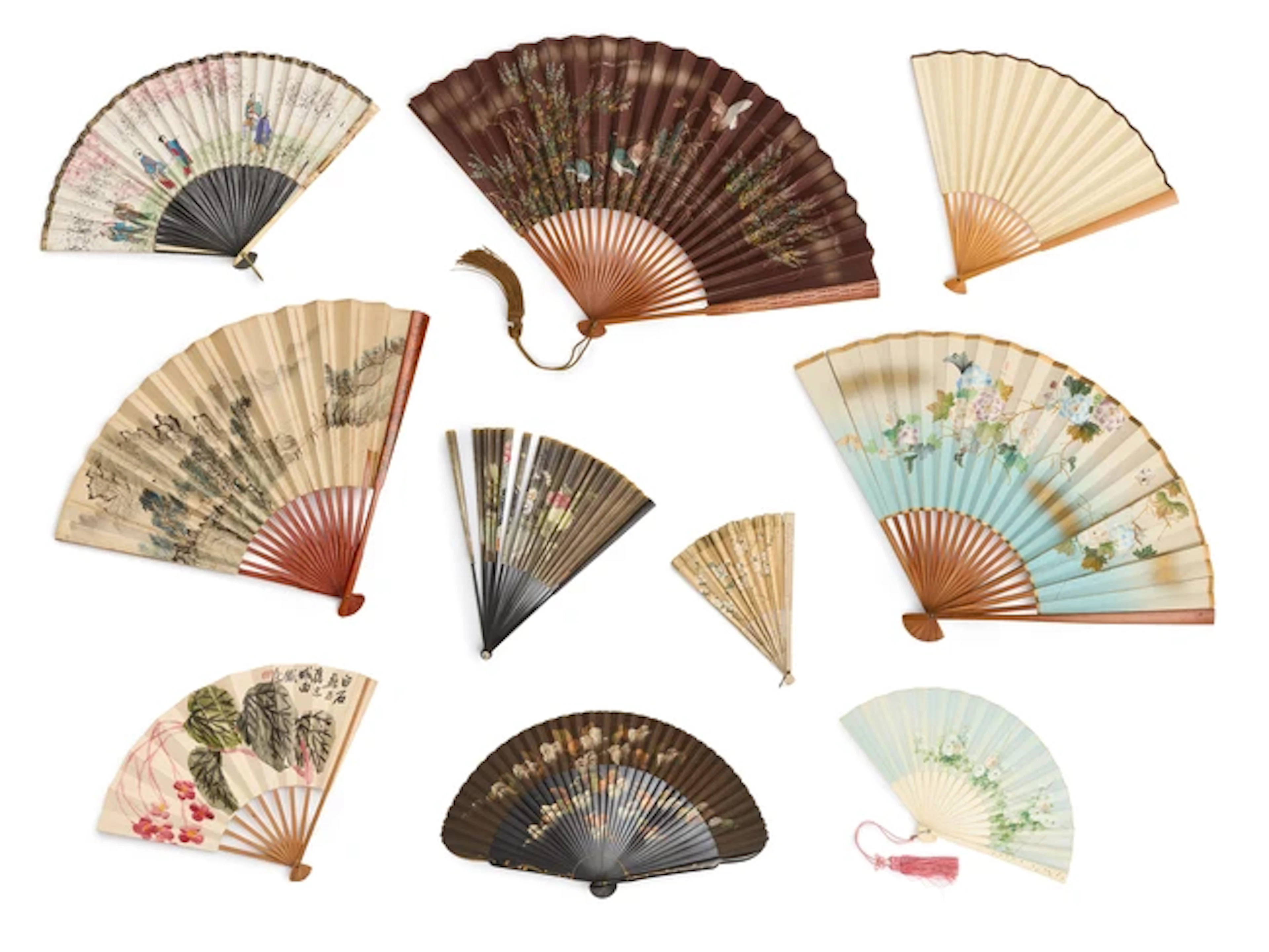 Ten Chinese and Japanese folding fan 20th century Comprising five Chinese fans