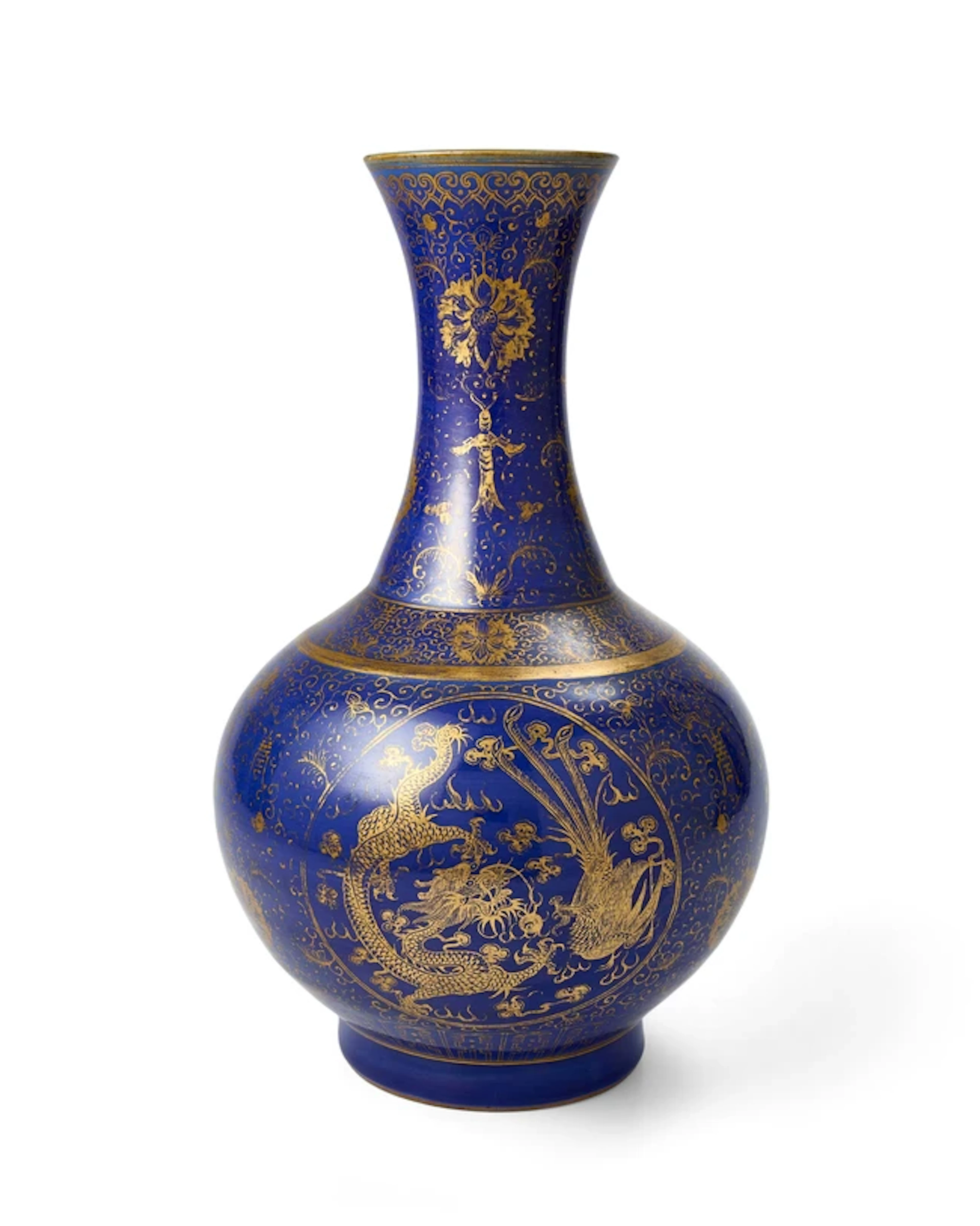 A Chinese blue-ground gilt-decorated 'dragon and phoenix'...