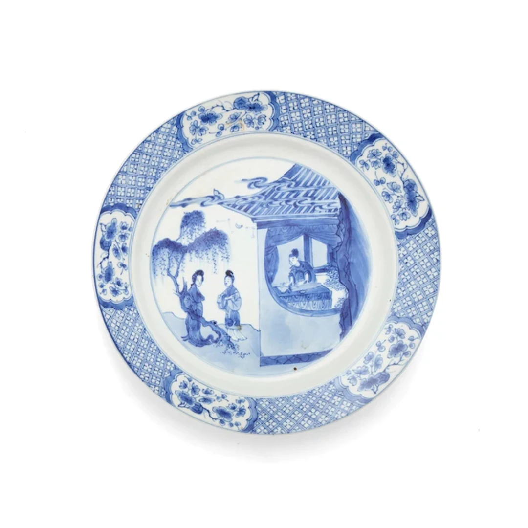 A large Chinese blue and white 'Western Chamber' plate Qing dynasty