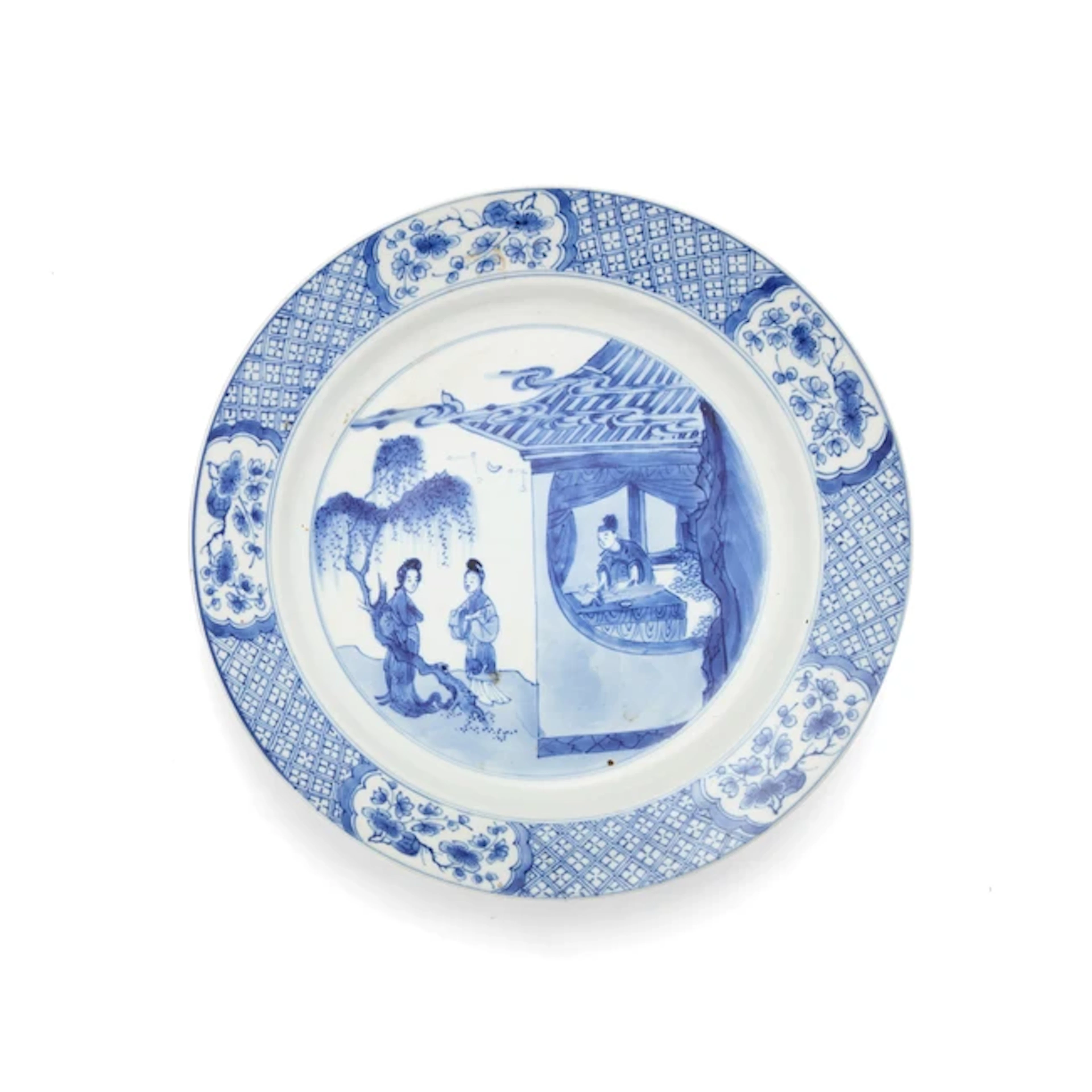 A large Chinese blue and white 'Western Chamber' plate Qing dynasty