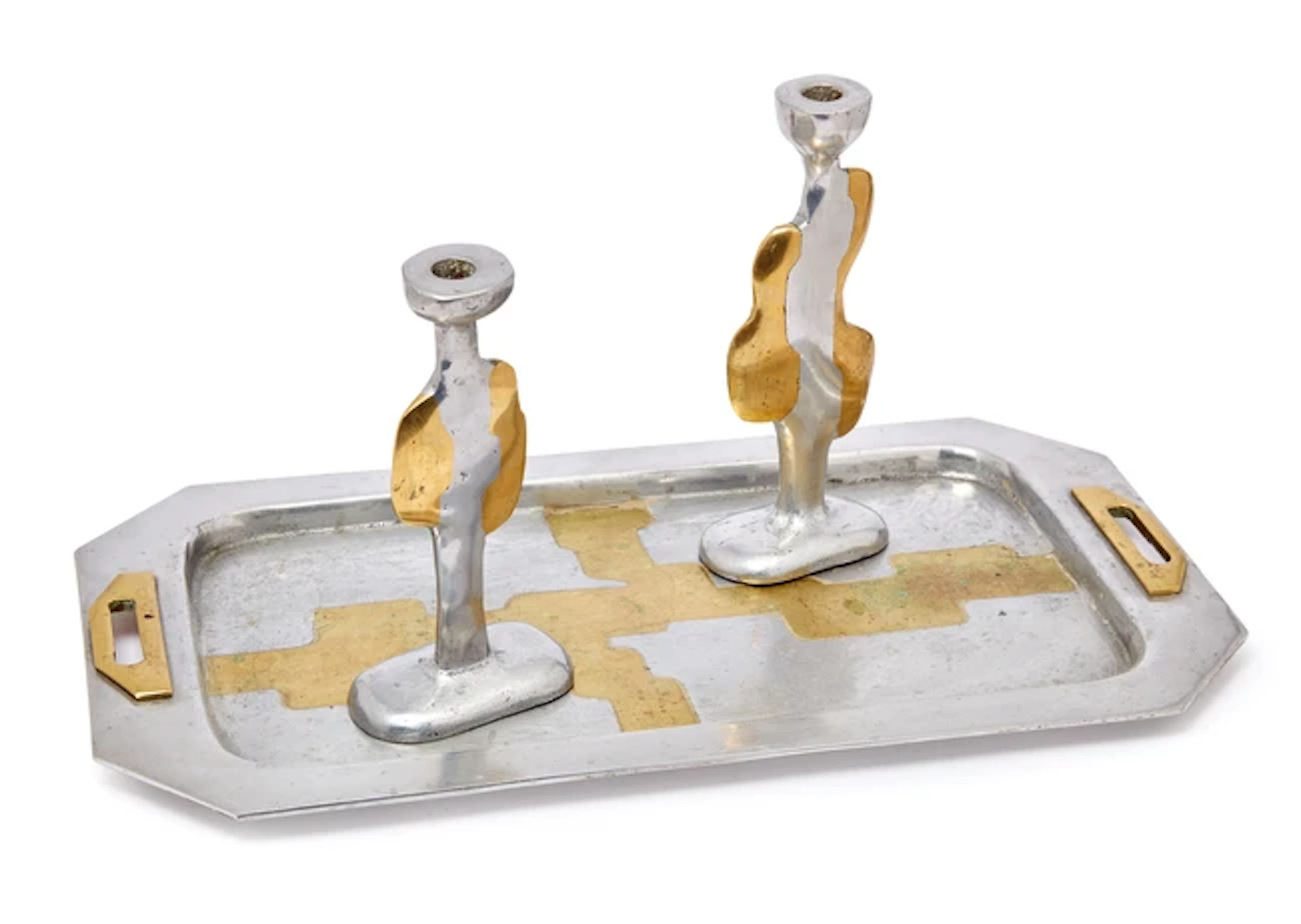 David Marshall (b.1942) Brutalist tray and two candlesticks