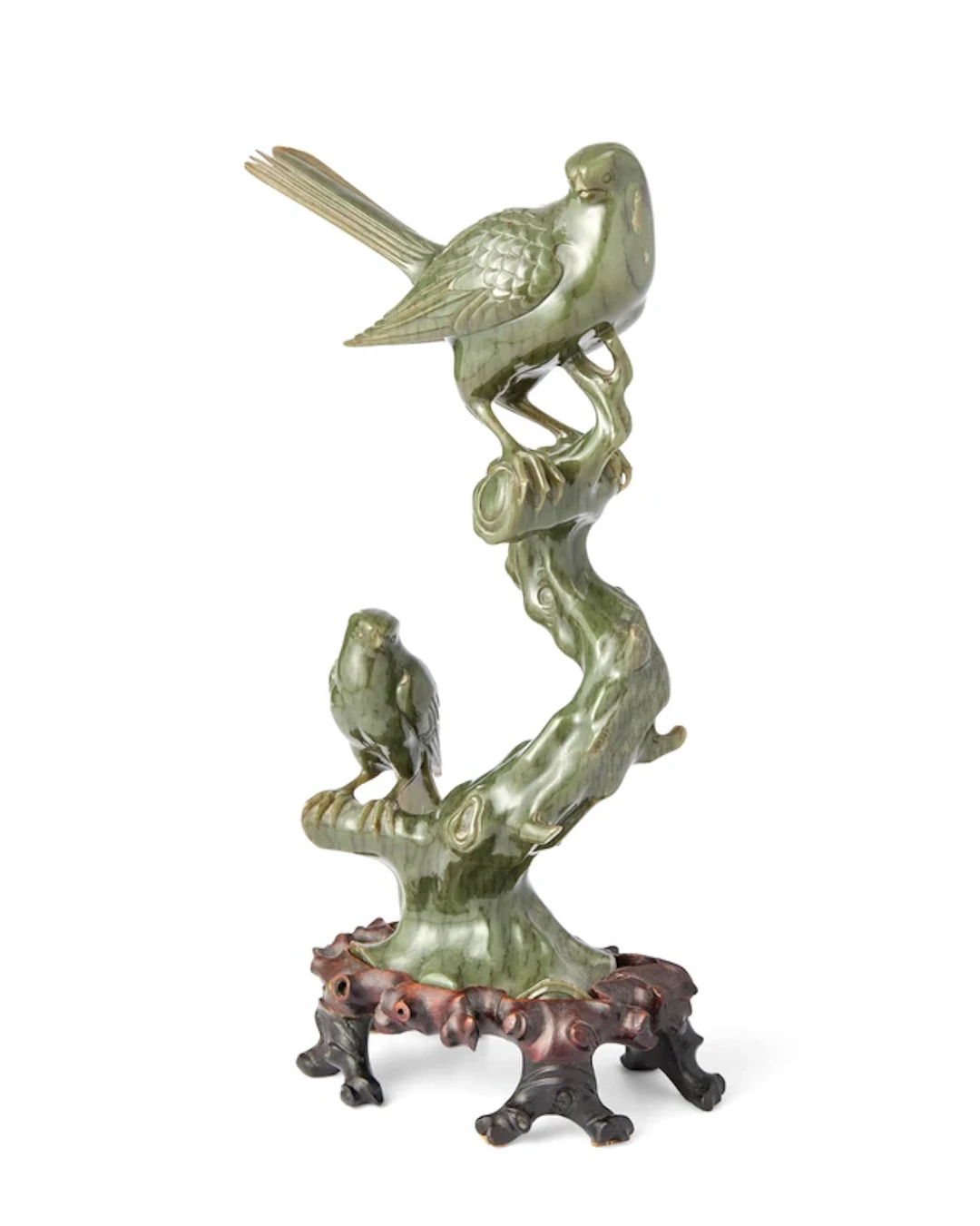 A Chinese spinach green jade 'birds' group 20th century...