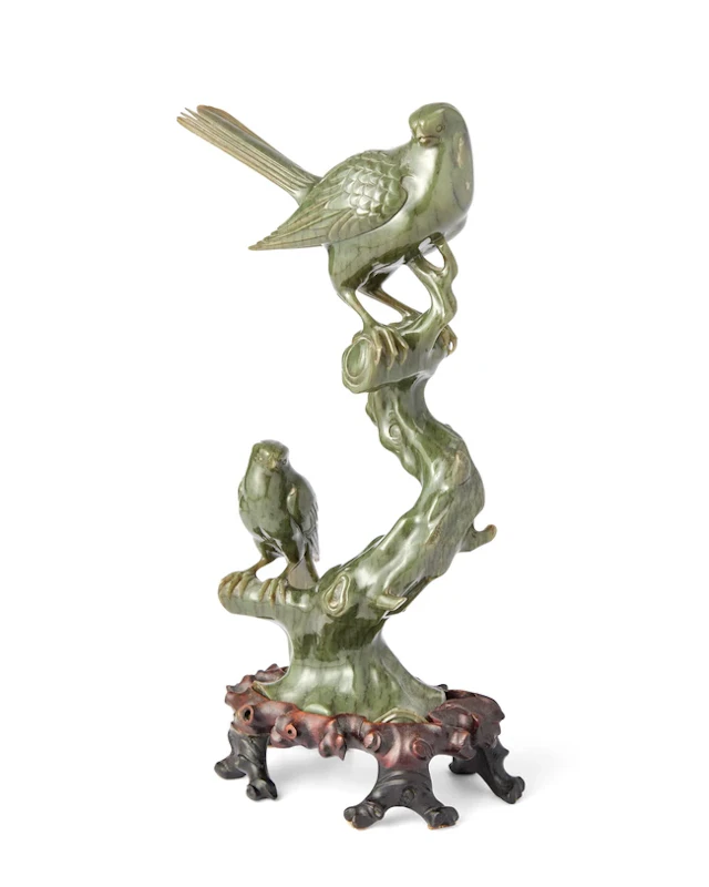 A Chinese spinach green jade 'birds' group 20th century...