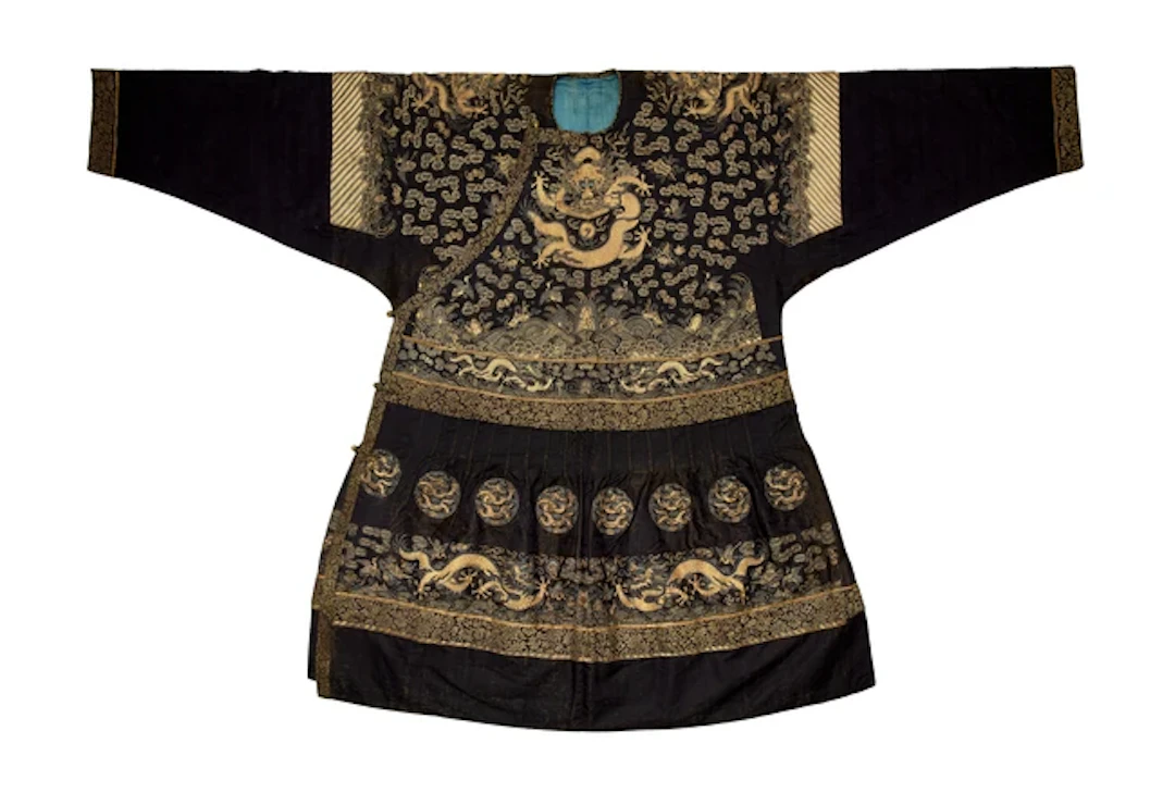 A Chinese dark blue-ground embroidered 'dragon' court robe