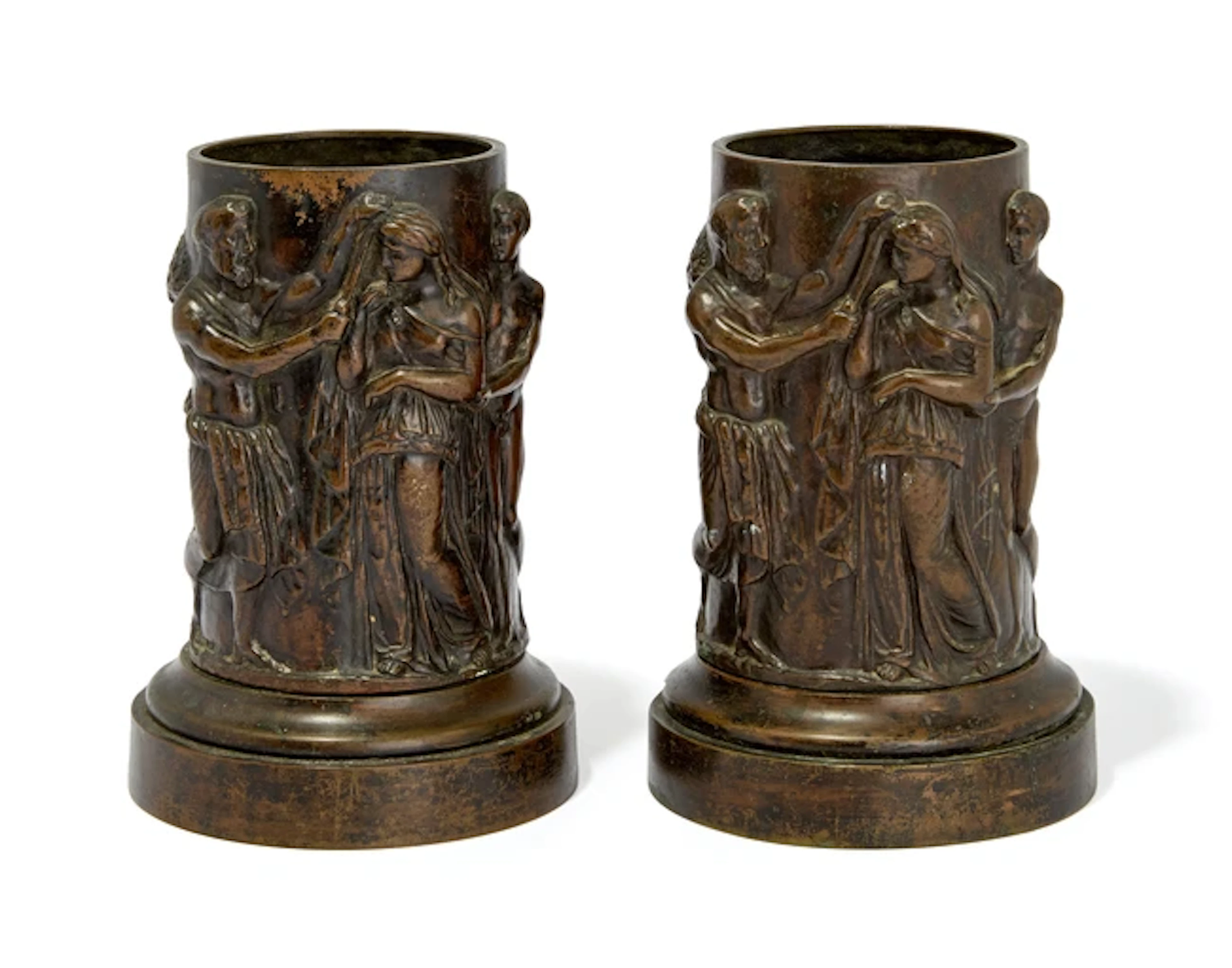 Two bronze cylindrical figural vases