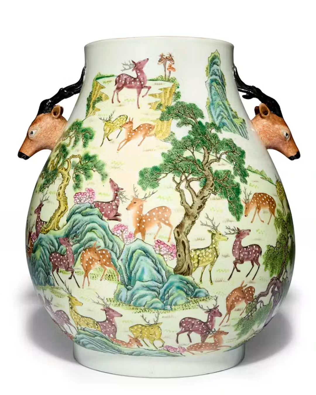 A large Chinese famille rose 'hundred deer' hu-form vase...
