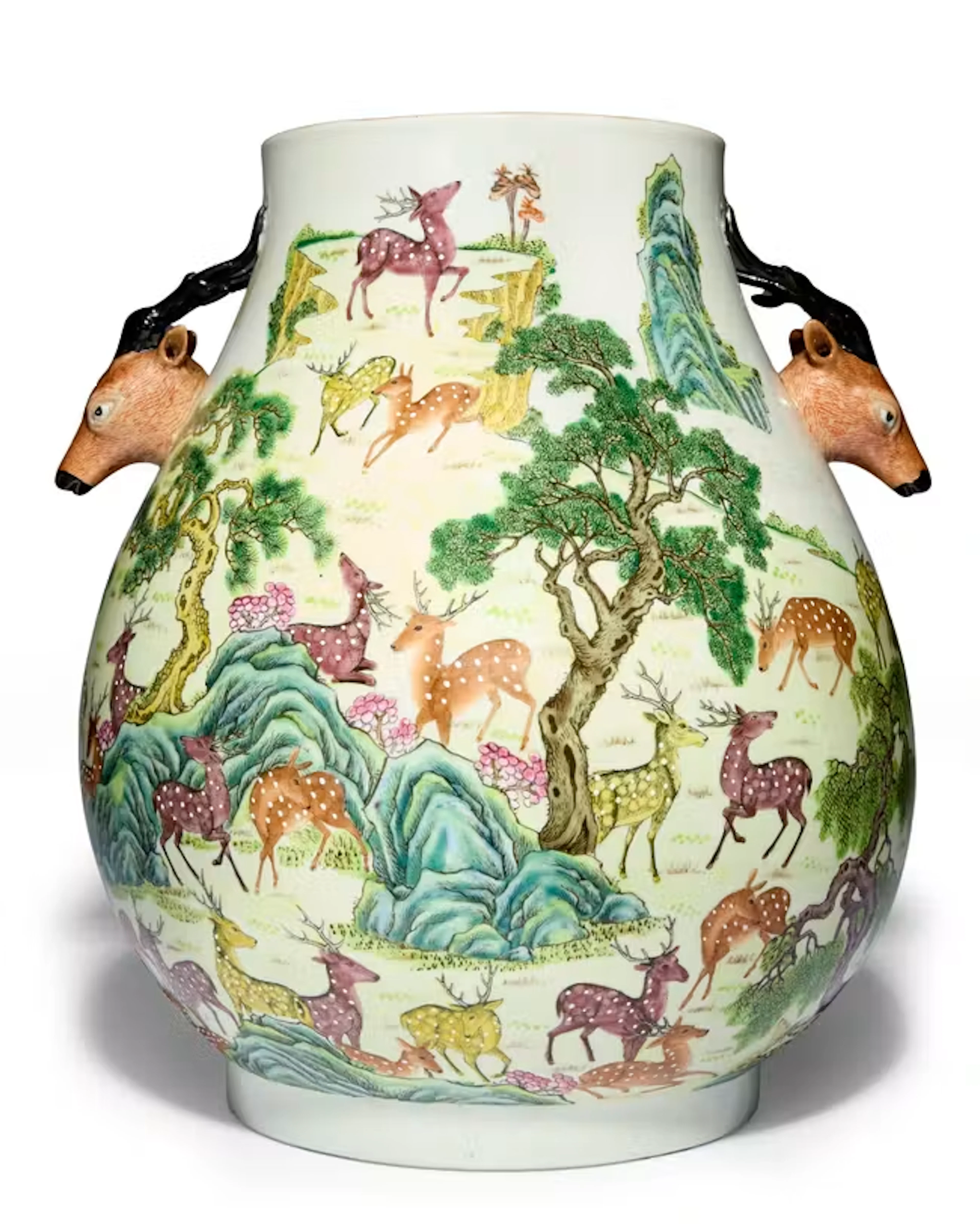 A large Chinese famille rose 'hundred deer' hu-form vase...