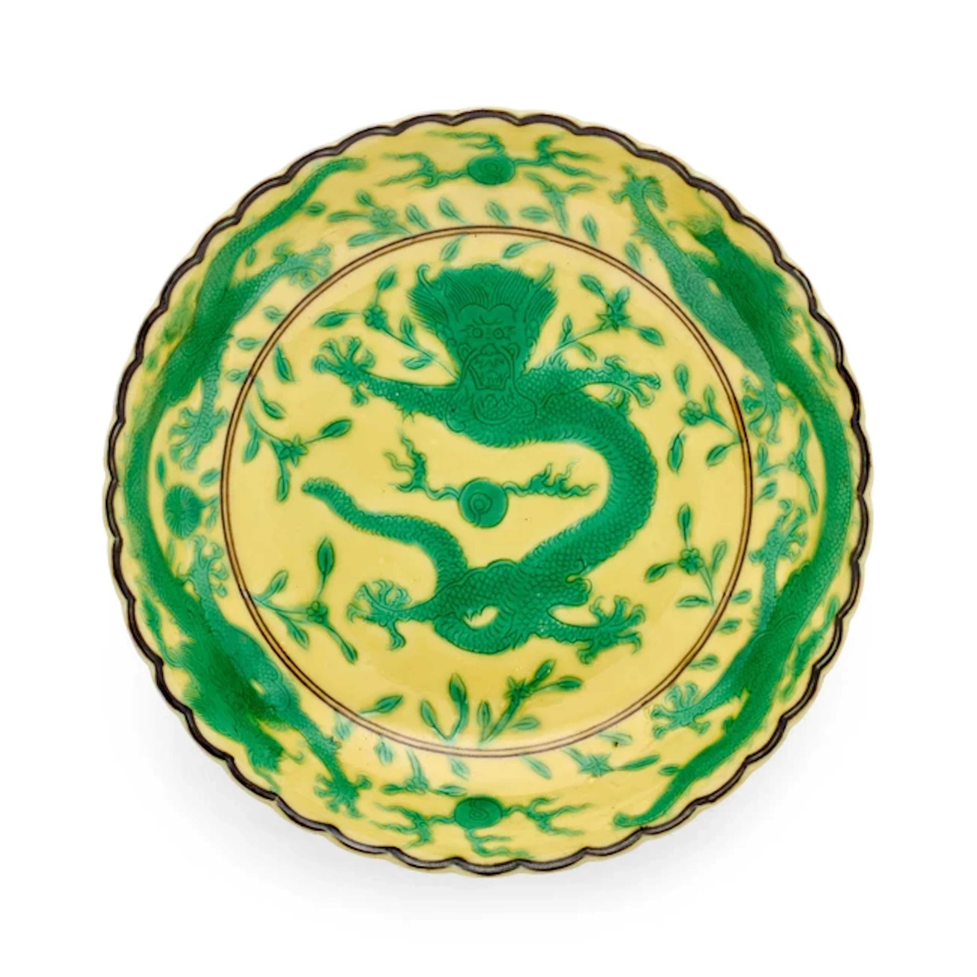A Chinese yellow and green glazed 'dragon' dish Qing dynasty