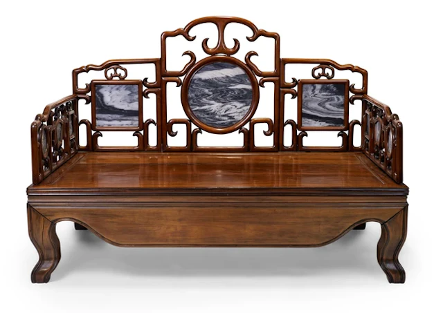 A Chinese hongmu and 'dreamstone' marble daybed Late Qing...