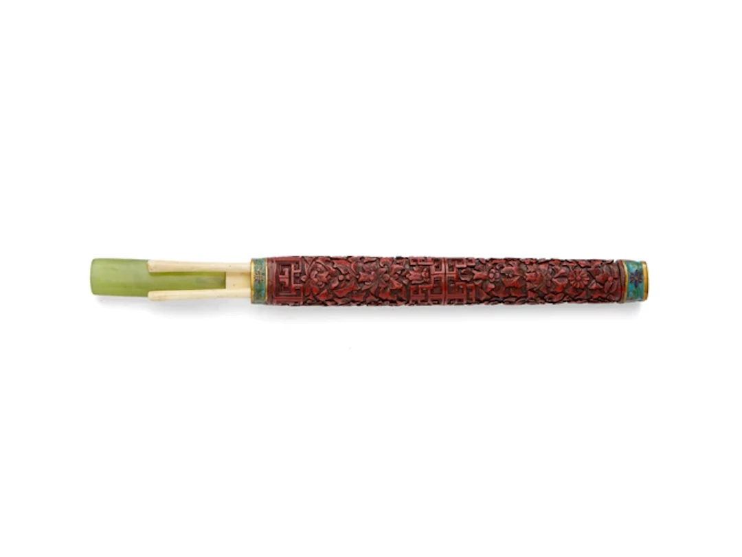 A Chinese cinnabar lacquer and cloisonné part eating set Qing dynasty