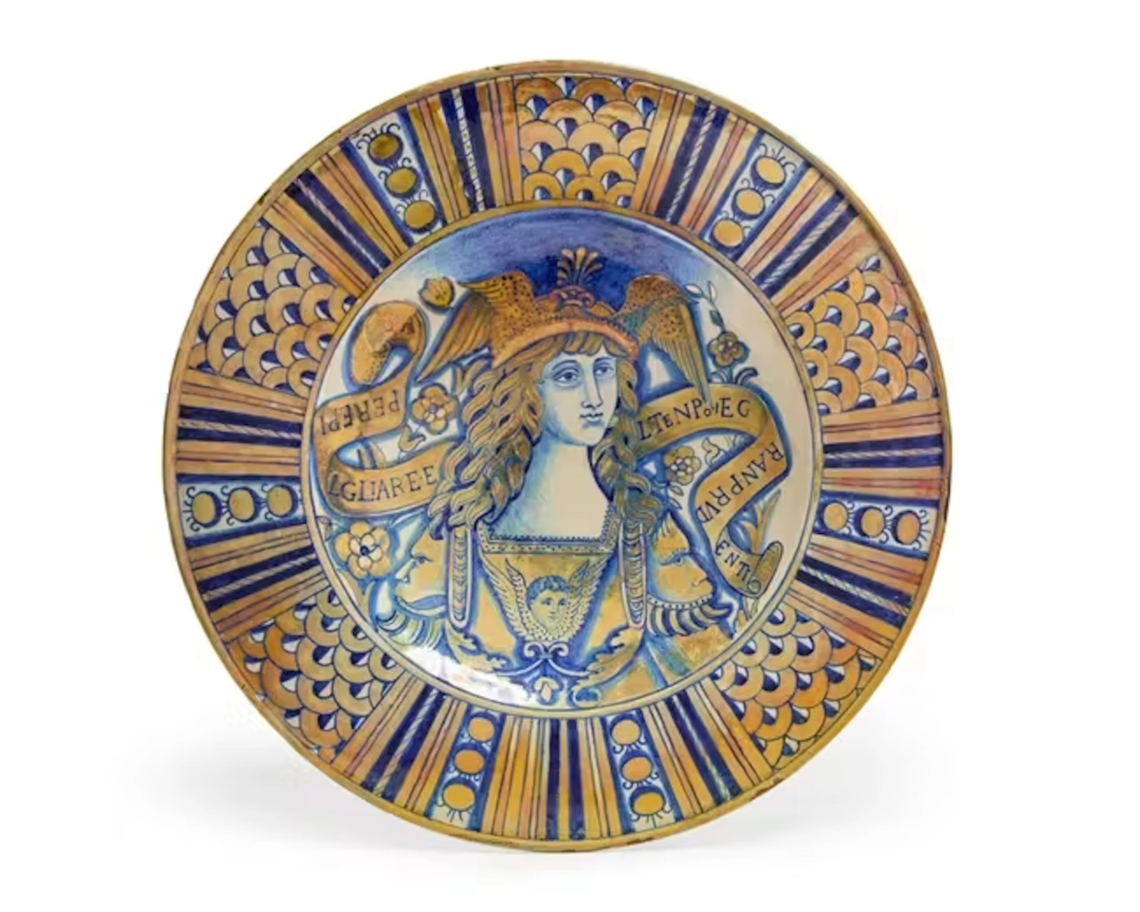 An Italian maiolica large gold and ruby-lustred ‘bella donna’ dish