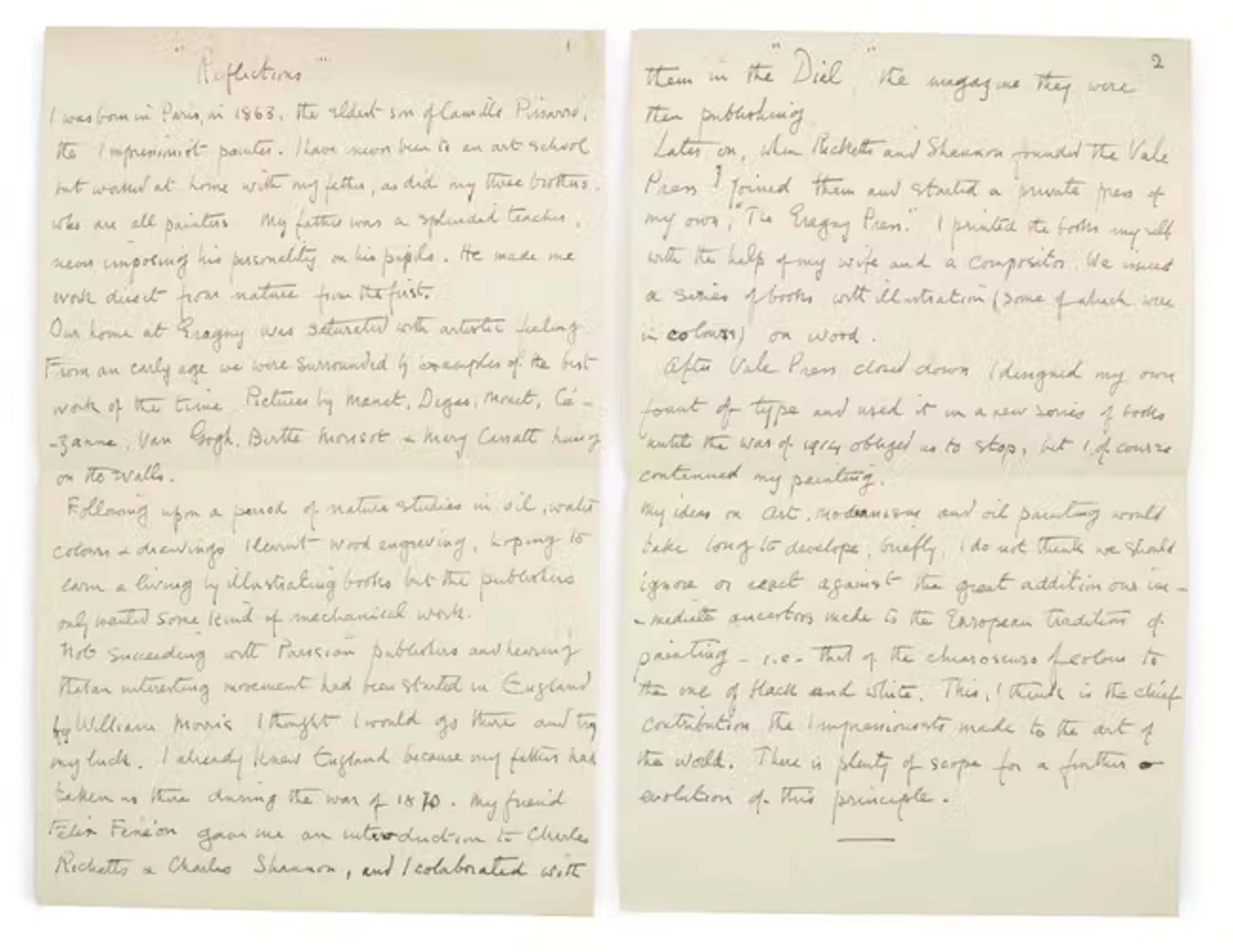 A handwritten note by Lucien Pissarro