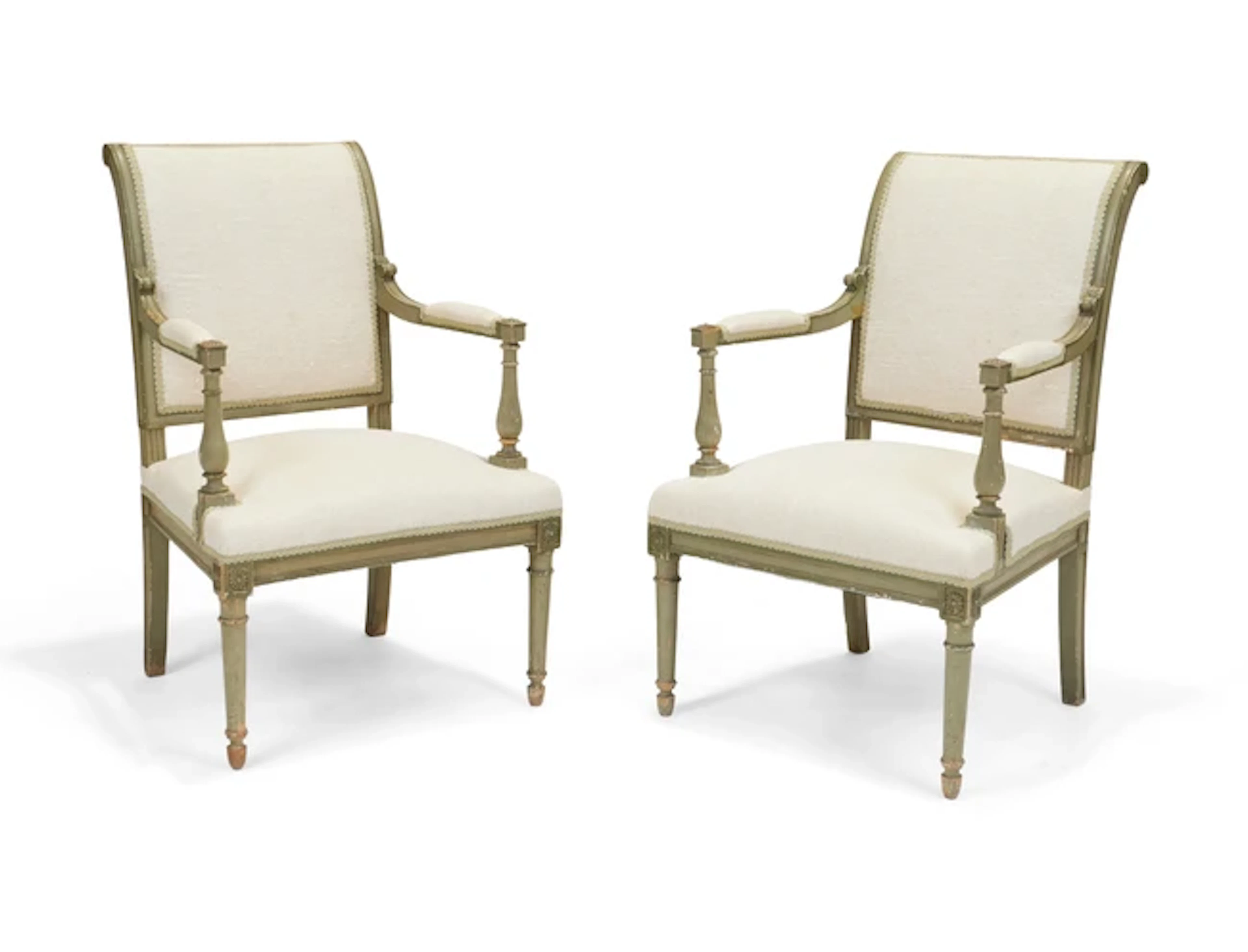 A pair of French green painted beech fauteuils