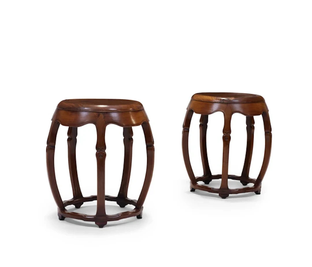 A pair of Chinese huali and burl wood barrel-form incense stands