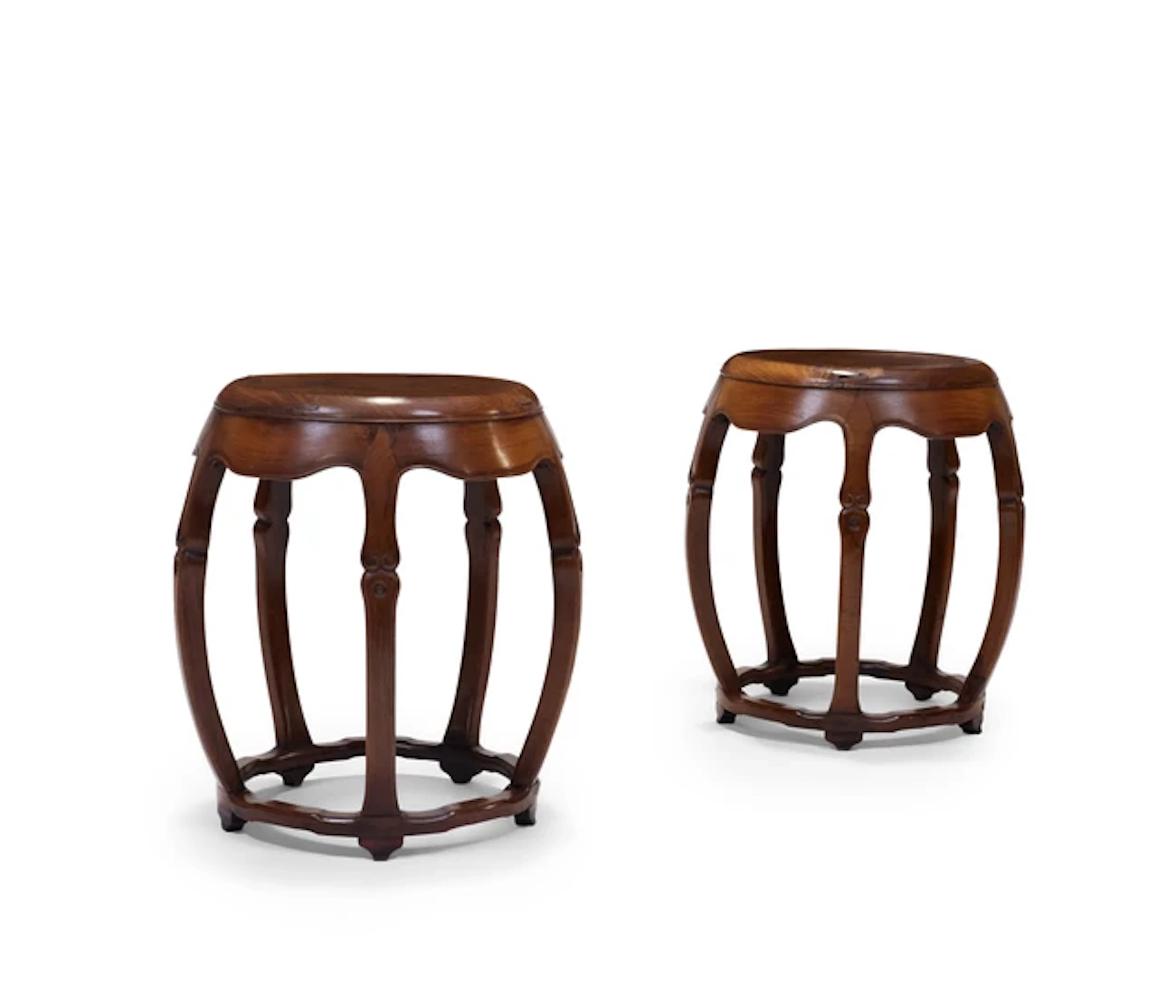 A pair of Chinese huali and burl wood barrel-form incense stands