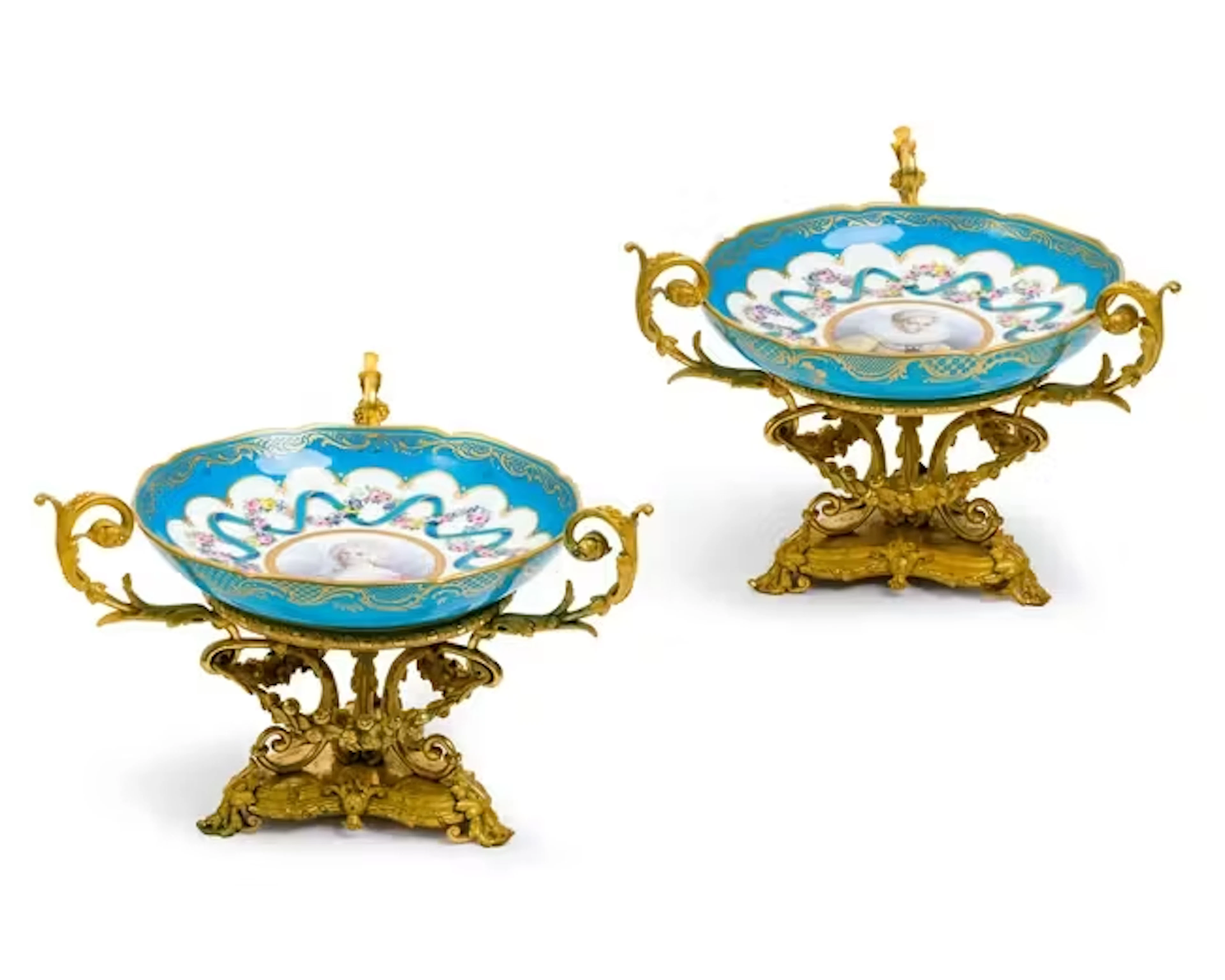 A pair of French ormolu and Sèvres-style porcelain comports