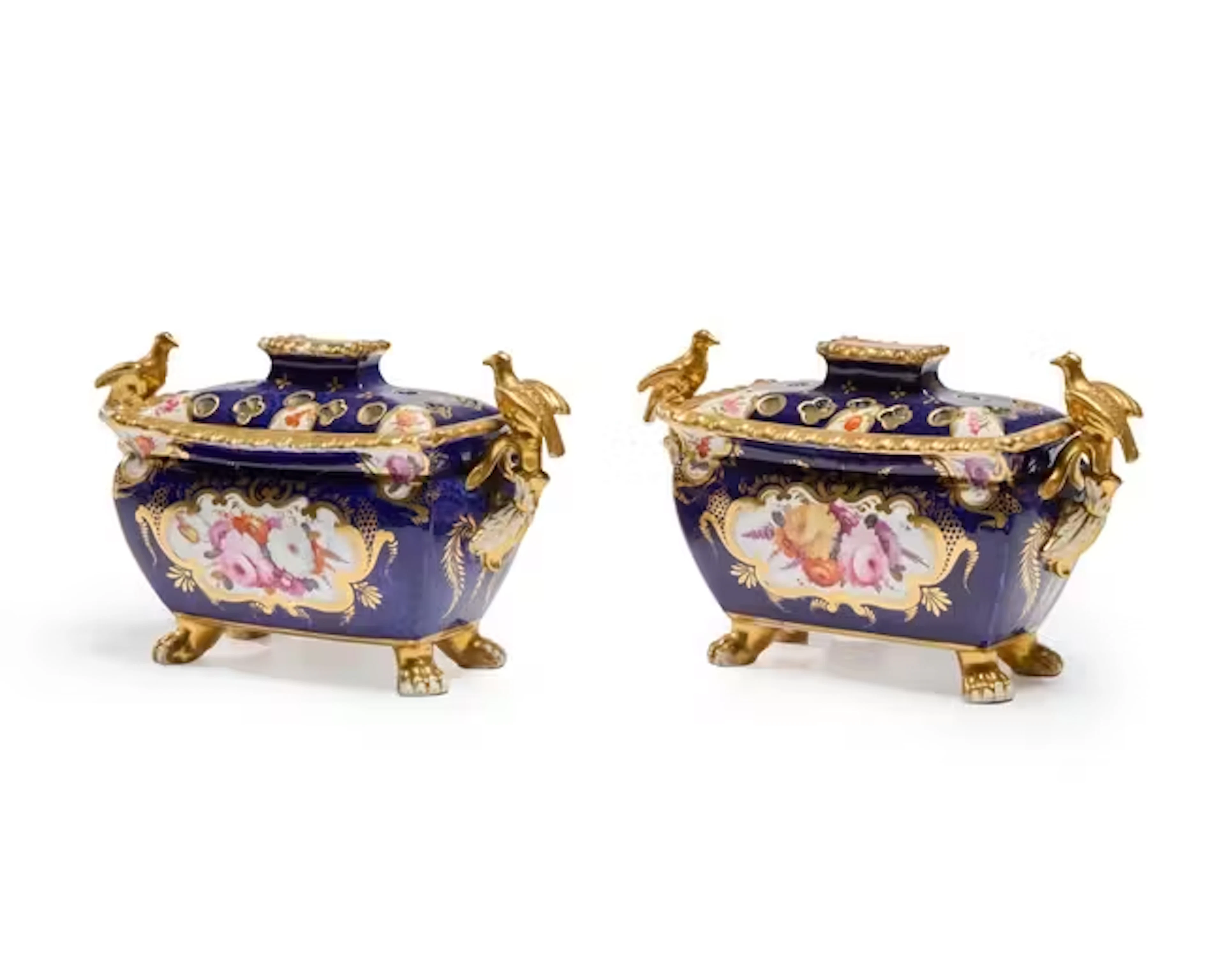 A pair of Coalport porcelain blue scale ground pot pourris