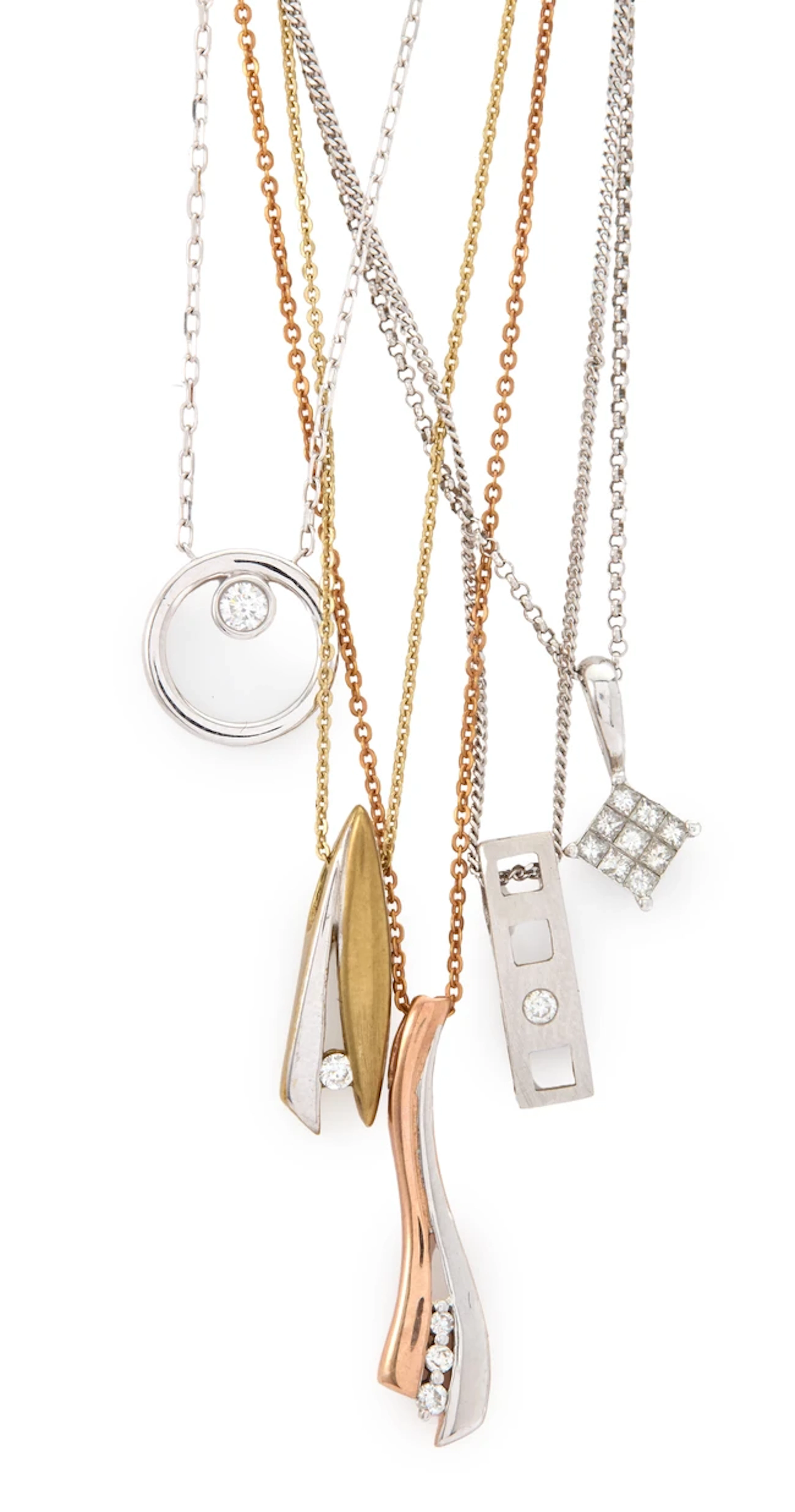 A group of five diamond pendant necklaces