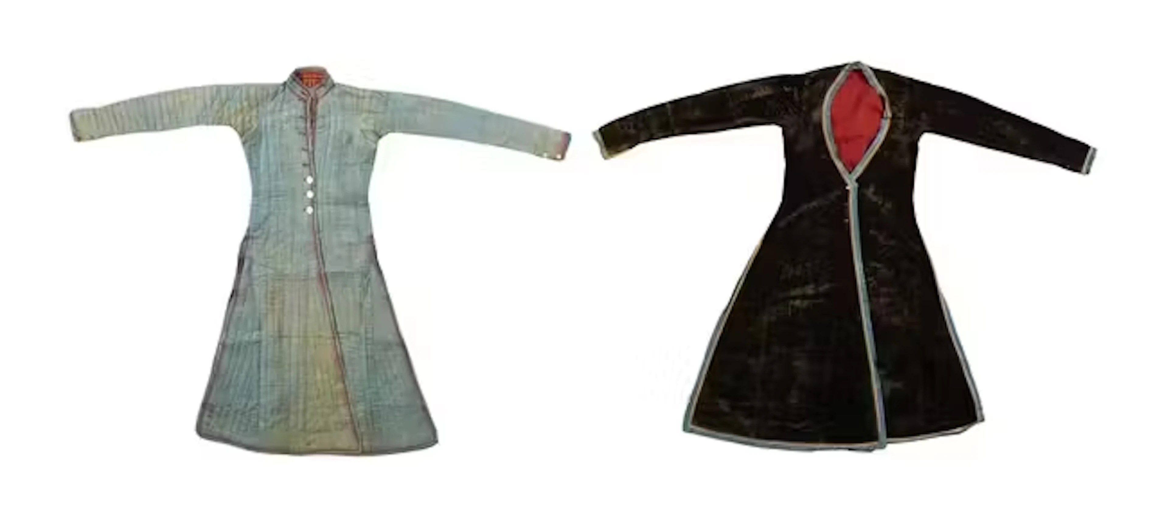 A turquoise blue quilted robe and a deep brown velvet robe