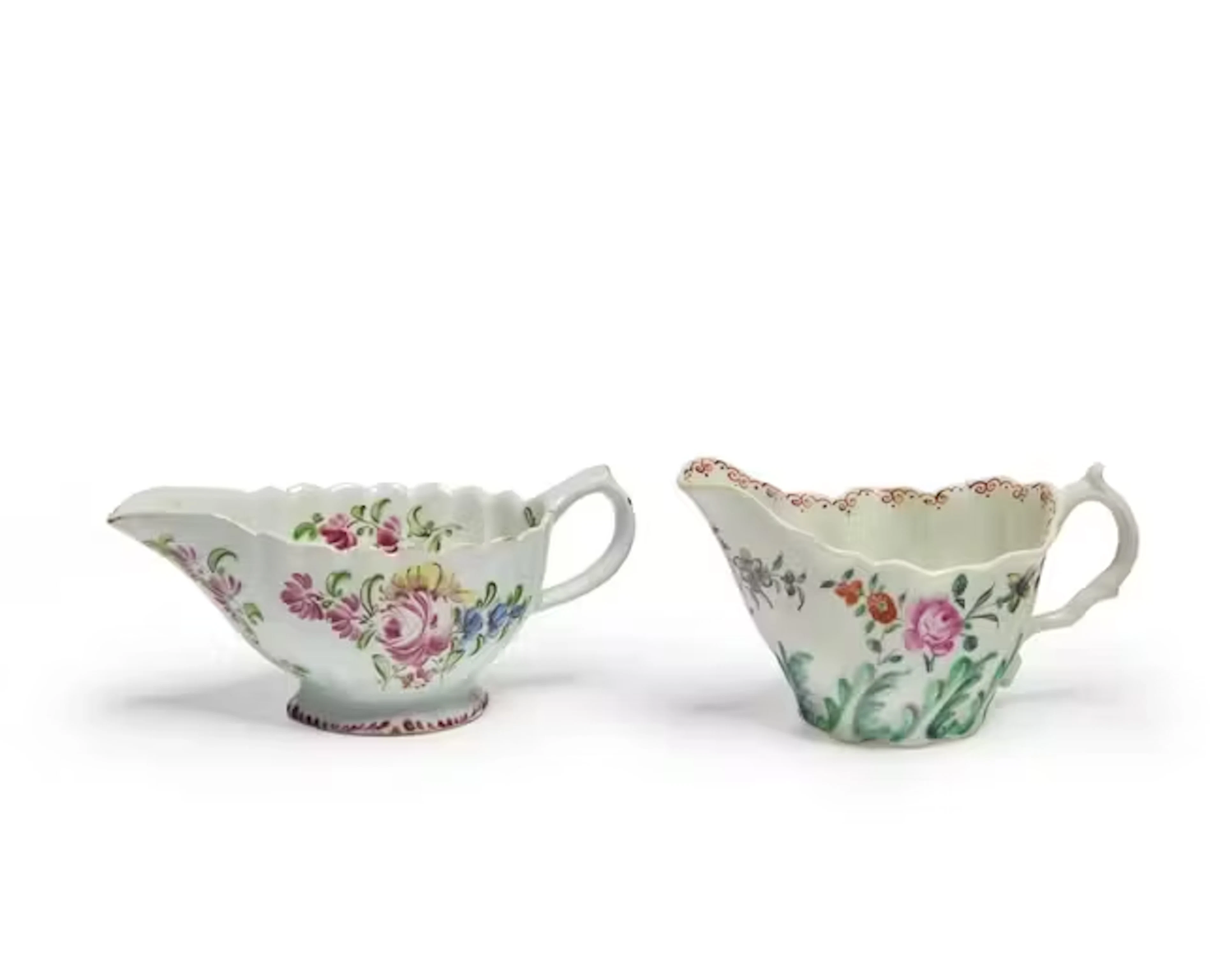 A Worcester porcelain cream jug and a Bow porcelain sauce boat
