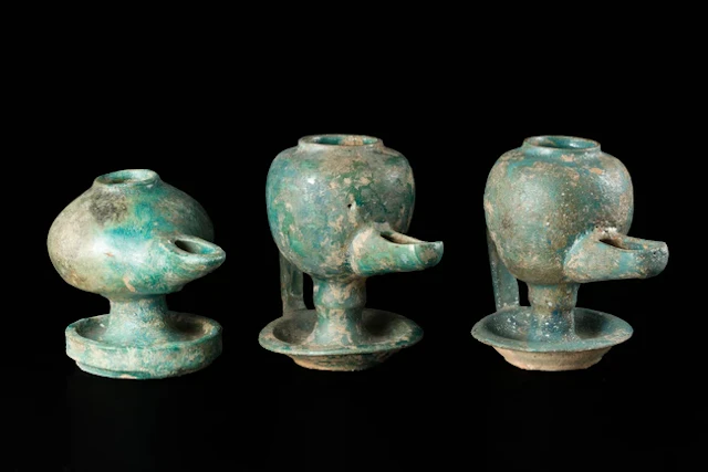 Three bulbous turquoise blue glazed pottery lamps