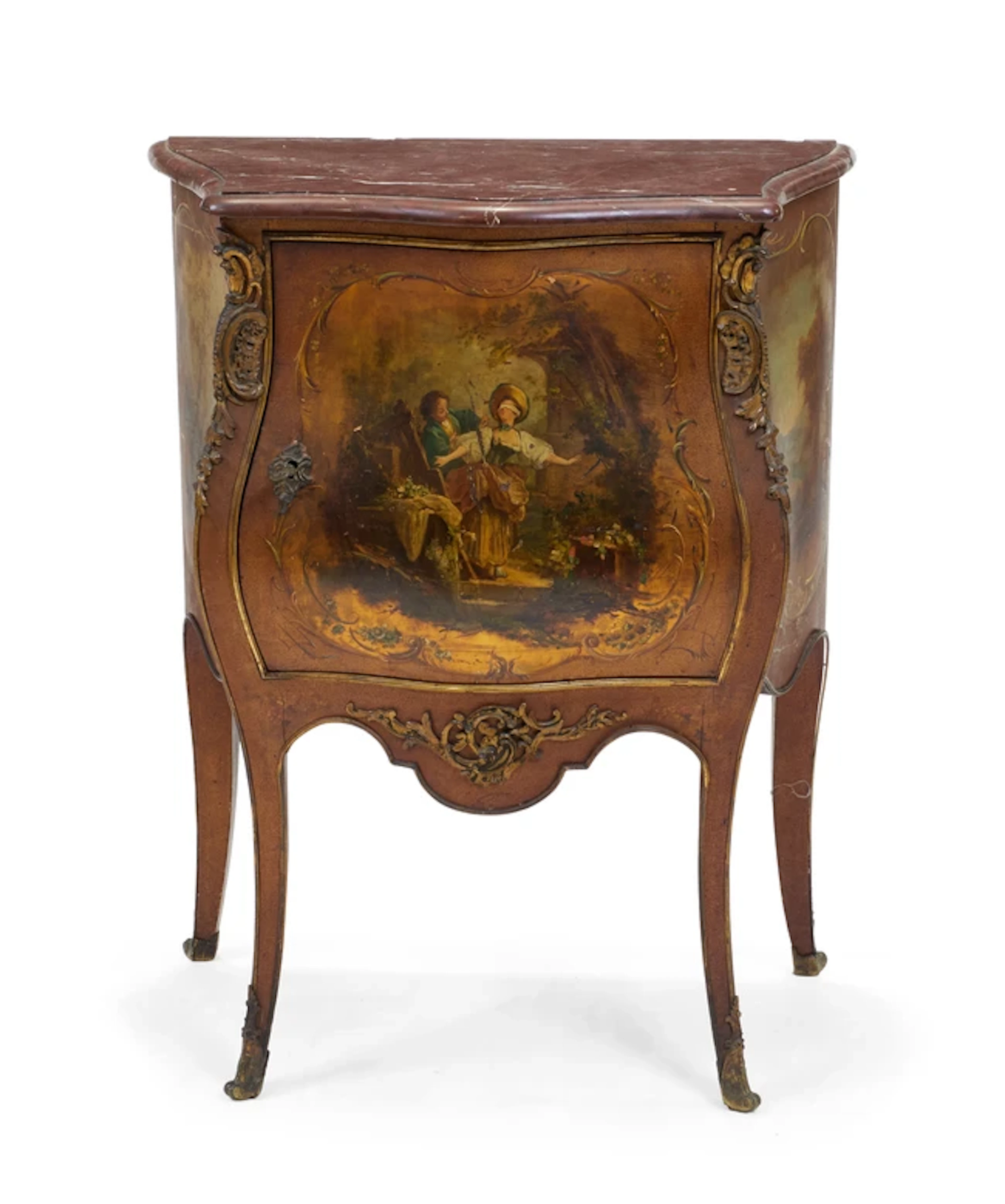A French gilt-metal mounted red painted and Vernis Martin bombe cabinet