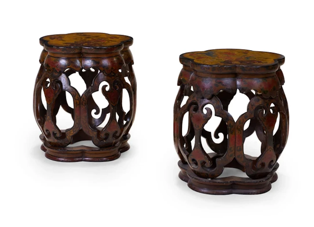 A pair of Chinese tianqi polychrome lacquered barrel-form...