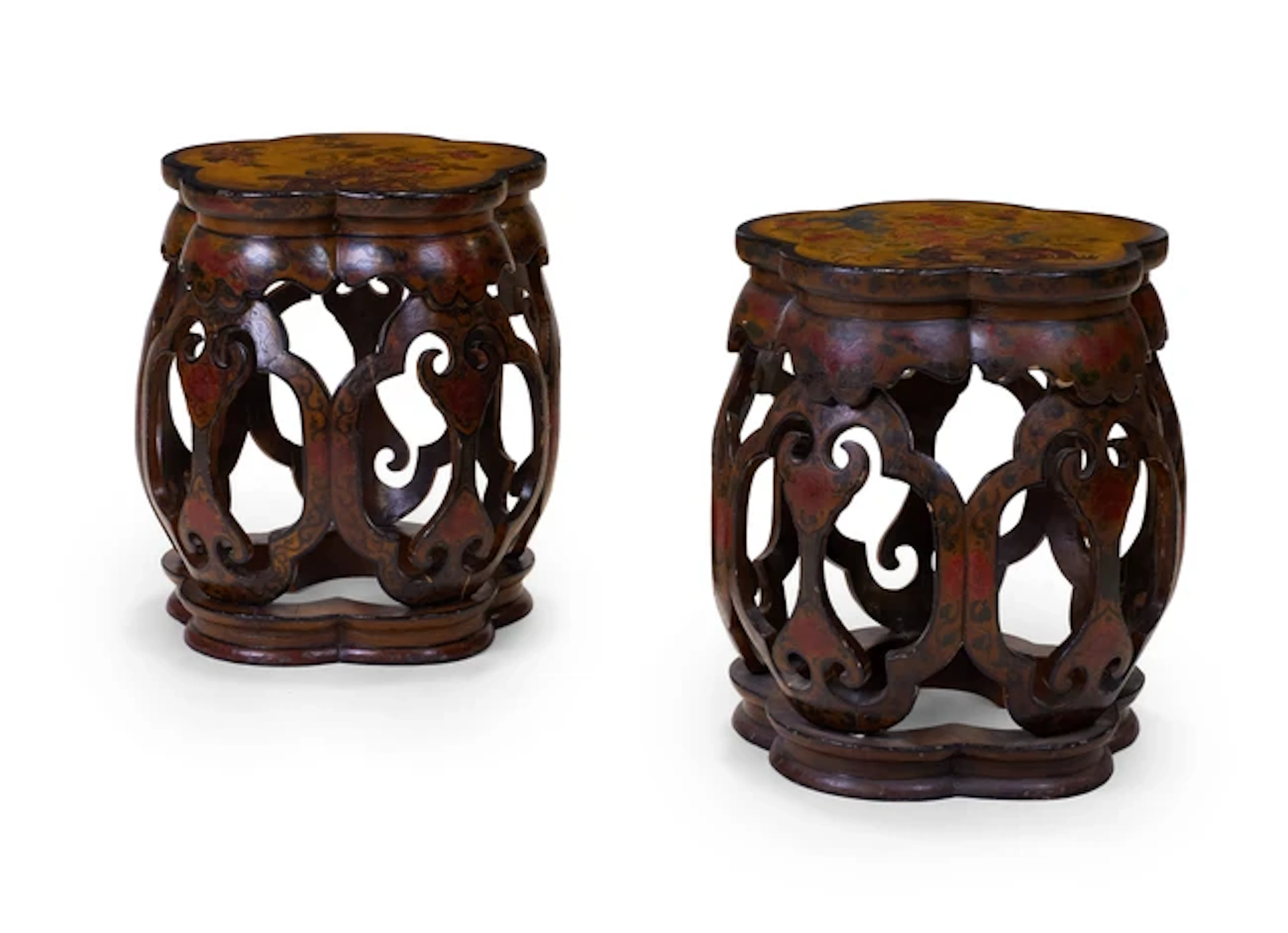 A pair of Chinese tianqi polychrome lacquered barrel-form...