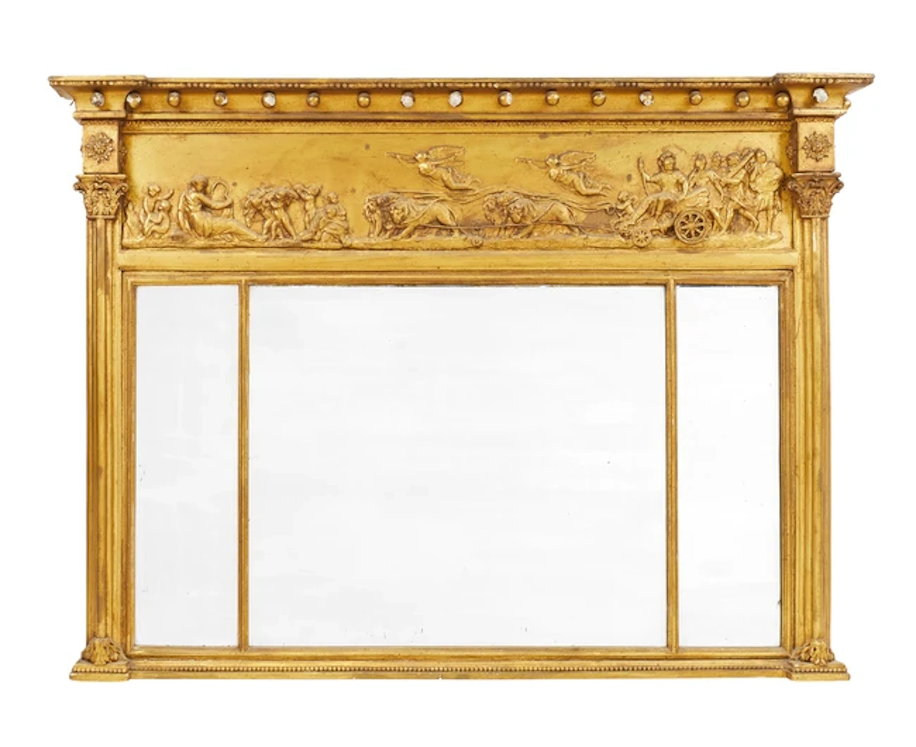 A Regency giltwood and gesso triple plate overmantel mirror
