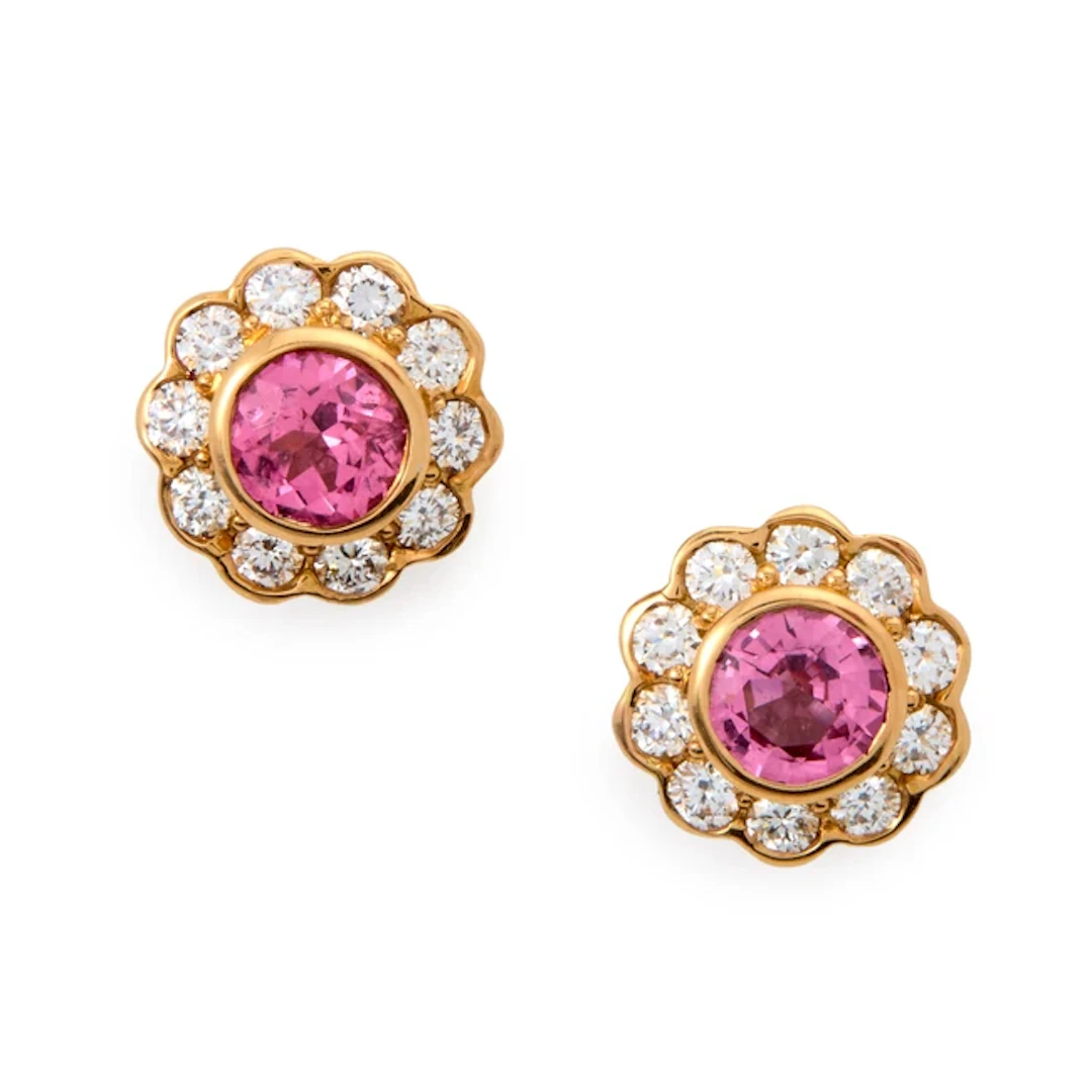 A pair of 18ct gold pink gem and diamond cluster earstuds