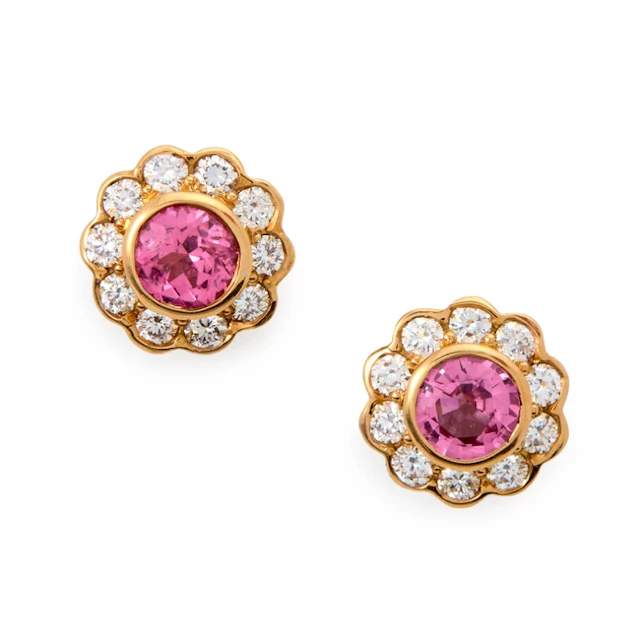 A pair of 18ct gold pink gem and diamond cluster earstuds