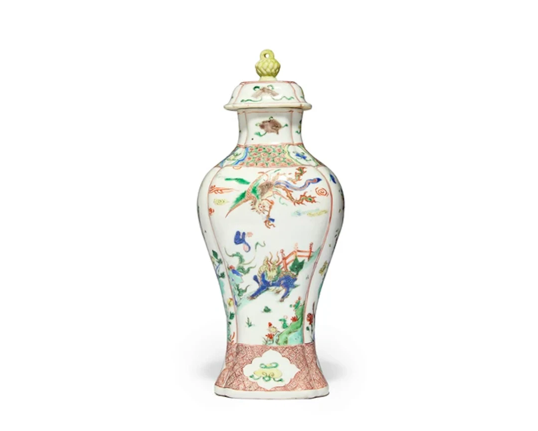 A Chinese famille verte 'mythical beasts' baluster vase and cover Qing dynasty
